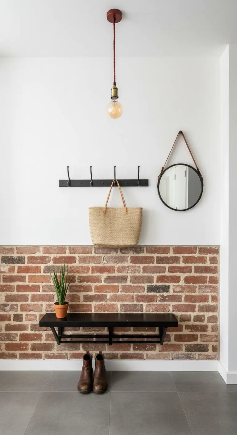 Ingresso con parete a mezza altezza in mattoni e mensola-panca sospesa.