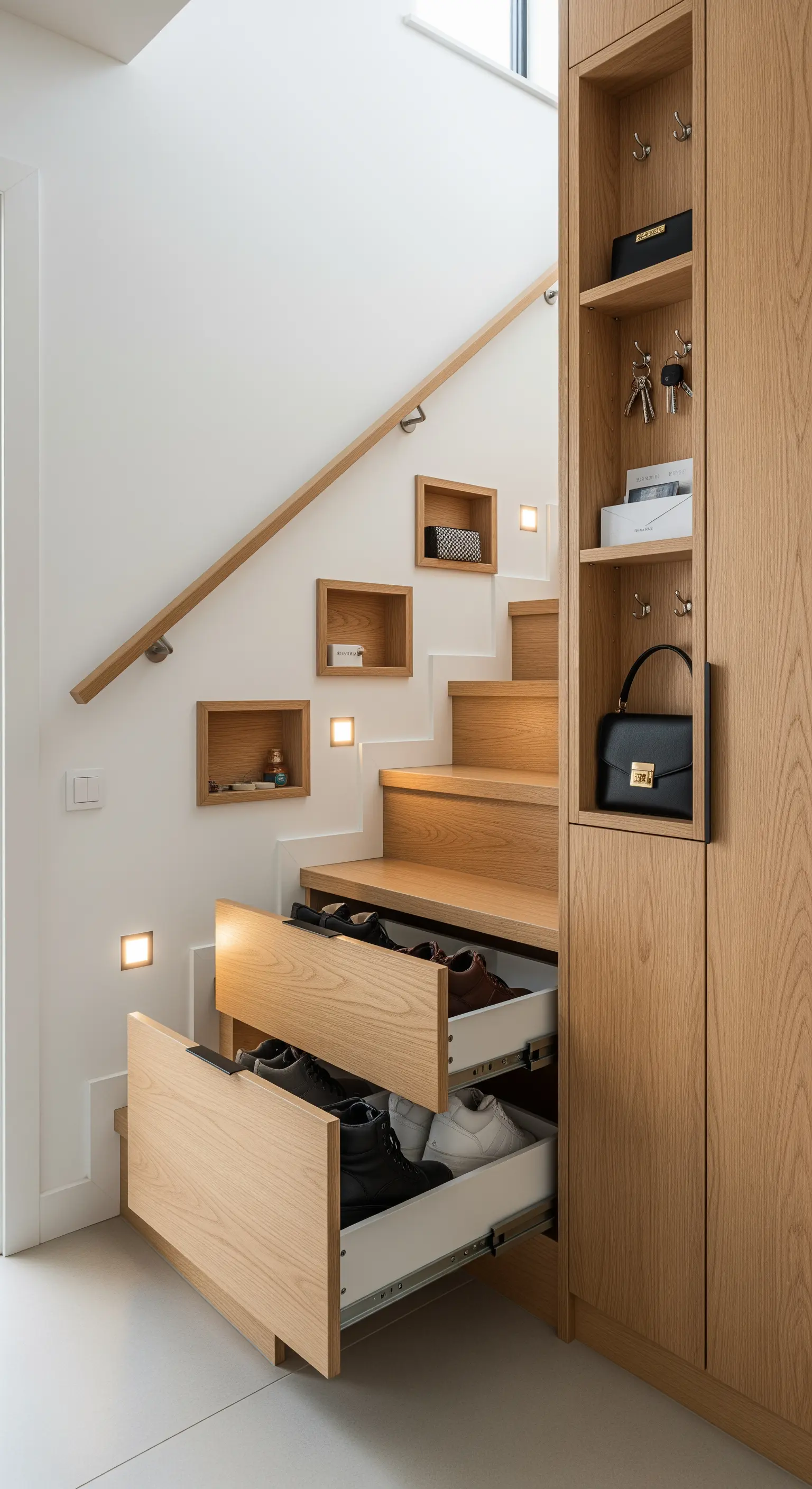 Sistema contenitivo integrato nel sottoscala con cassetti estraibili per scarpe e armadio.