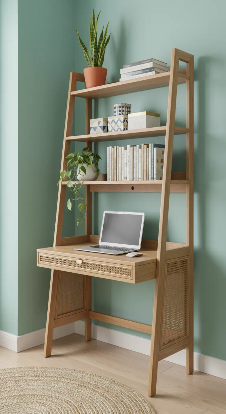 Scrivania a scala in legno chiaro e rattan appoggiata a una parete verde salvia.