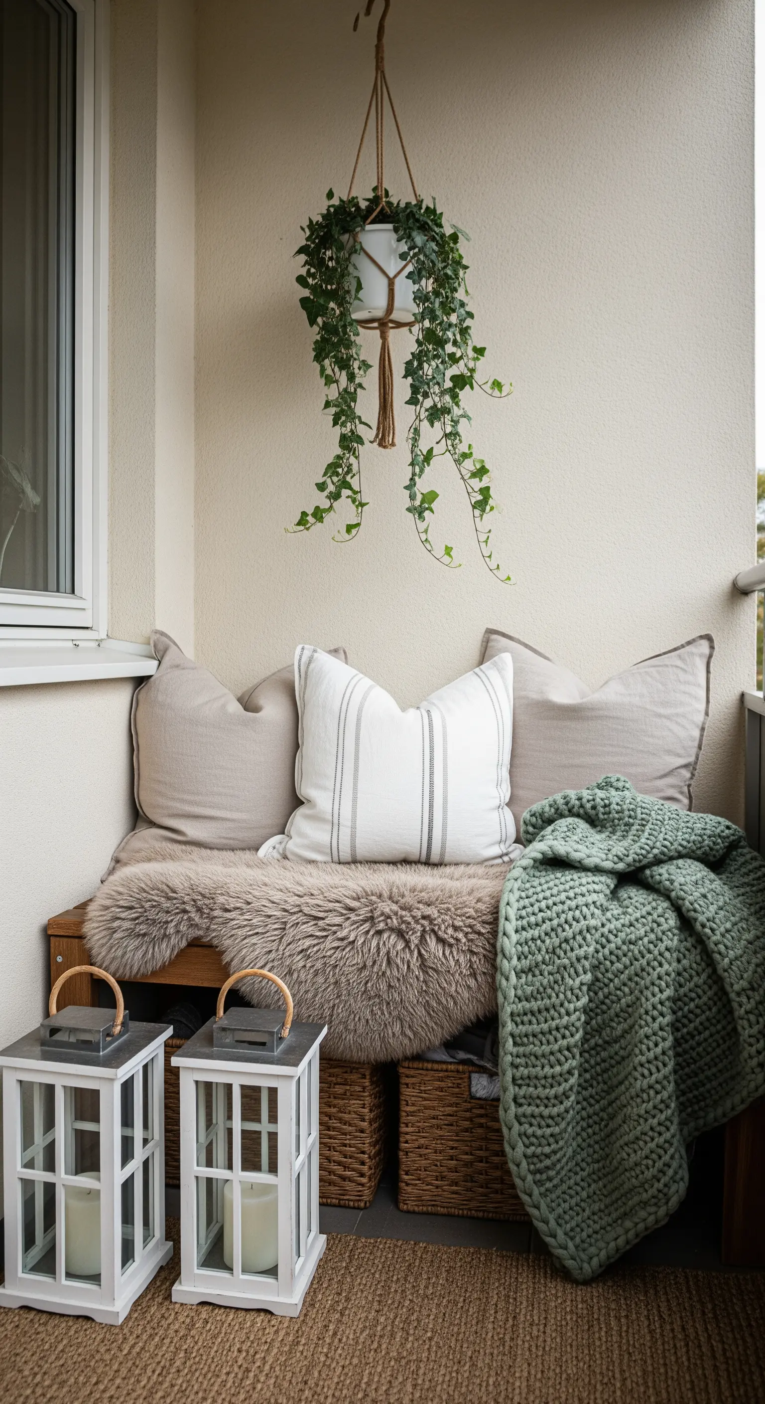 Piccolo balcone con panca in legno, pelle di pecora, pianta appesa e lanterne bianche.