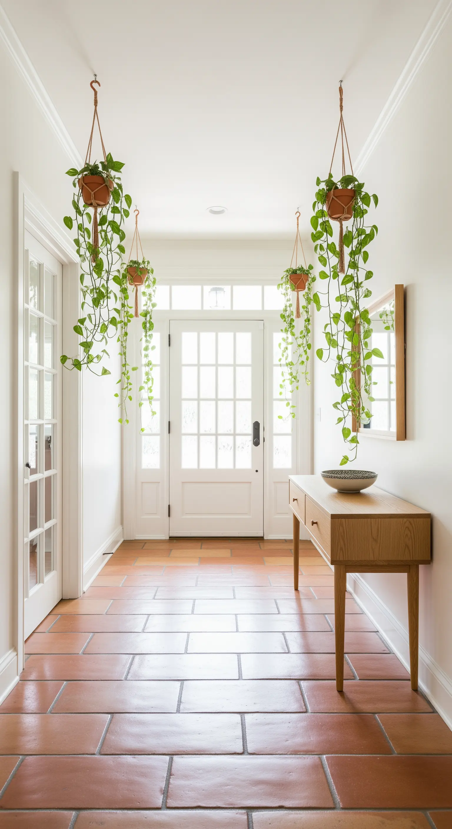 Ingresso luminoso con piante di Pothos sospese in vasi di terracotta ai lati di una consolle.