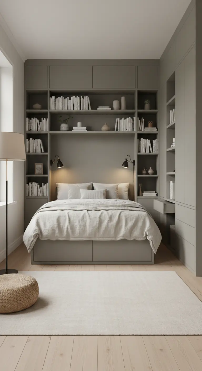 Letto inserito in una parete attrezzata grigio tortora con librerie e armadi integrati.