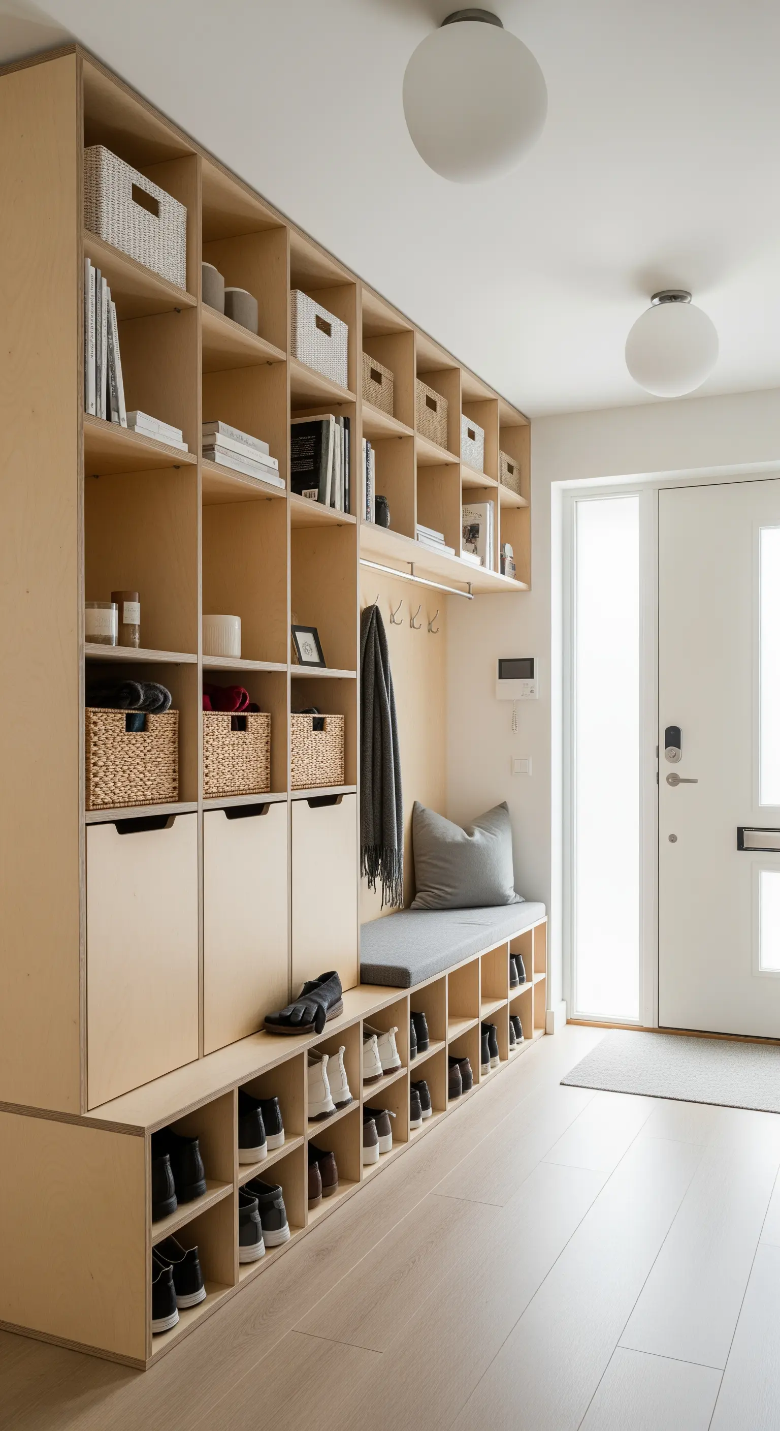 Libreria a tutta parete in legno chiaro con panca, scarpiera e cesti contenitori.