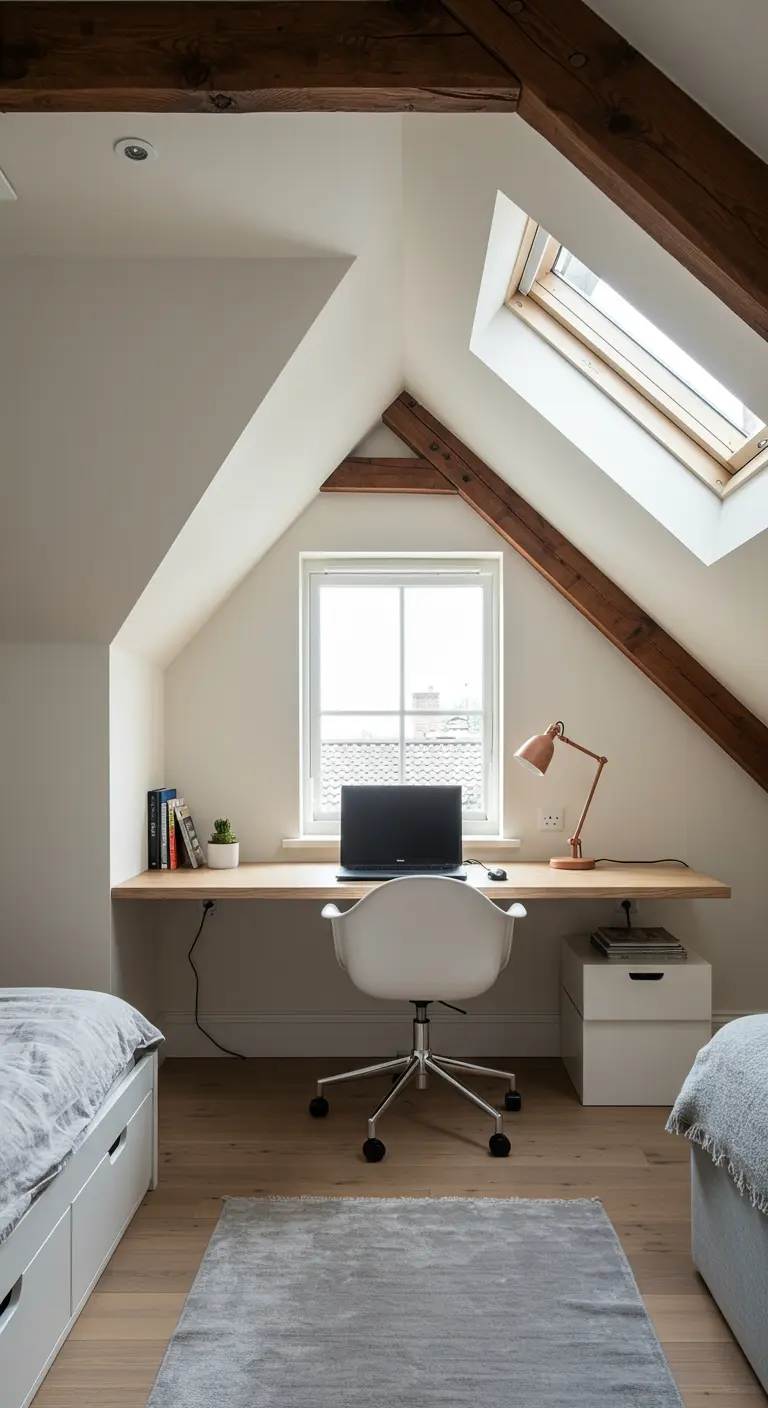 Scrivania in legno su misura installata sotto la finestra in una mansarda con travi a vista.