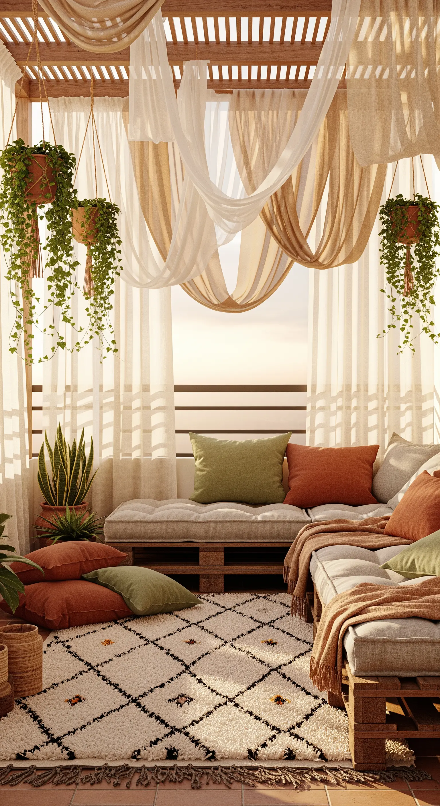Balcone boho chic con divani in pallet, tende drappeggiate sul soffitto e tappeto berbero.