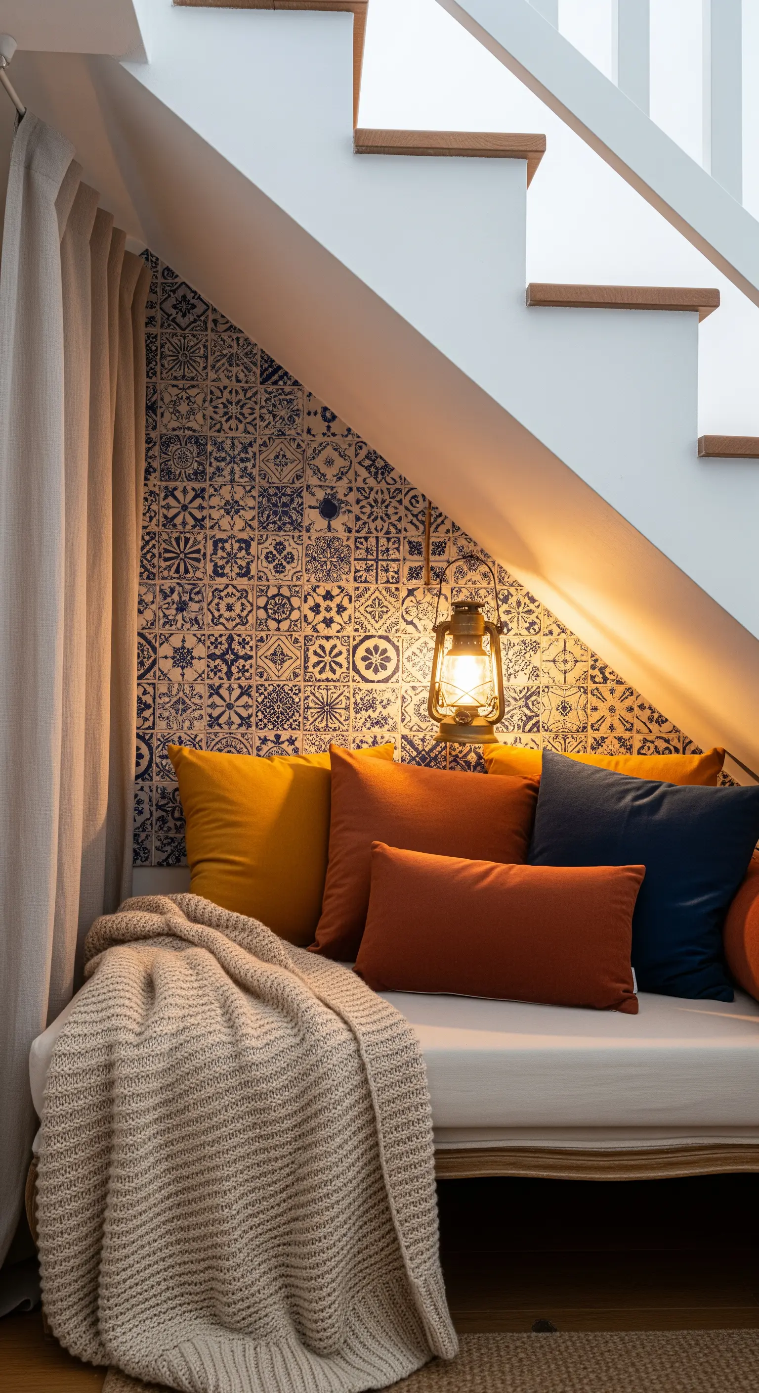 Angolo lettura sotto una scala, con parete a piastrelle blu, cuscini color senape e una lanterna appesa.
