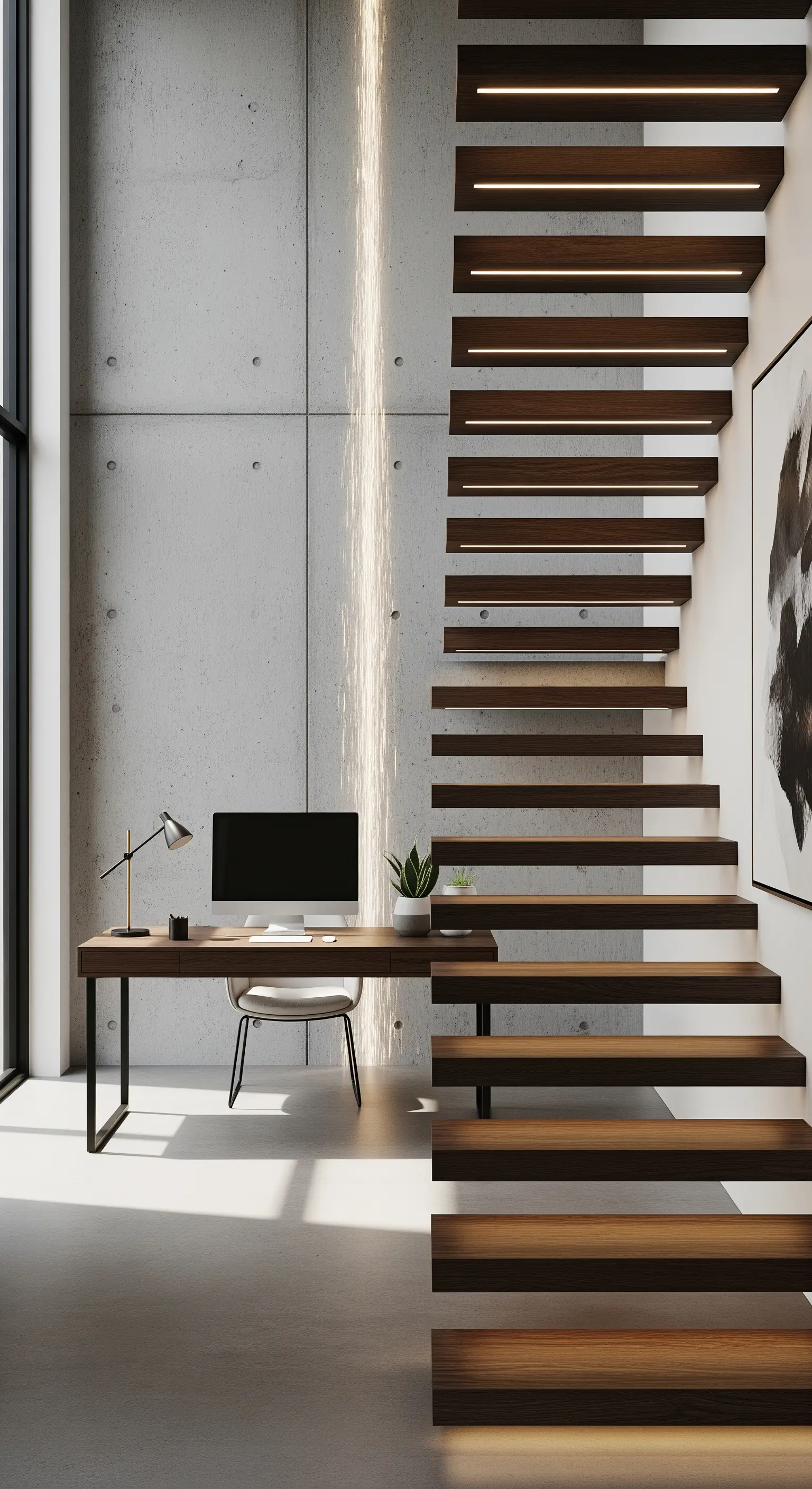 Scrivania sotto una scala a sbalzo in legno con parete in cemento e luce a cascata.