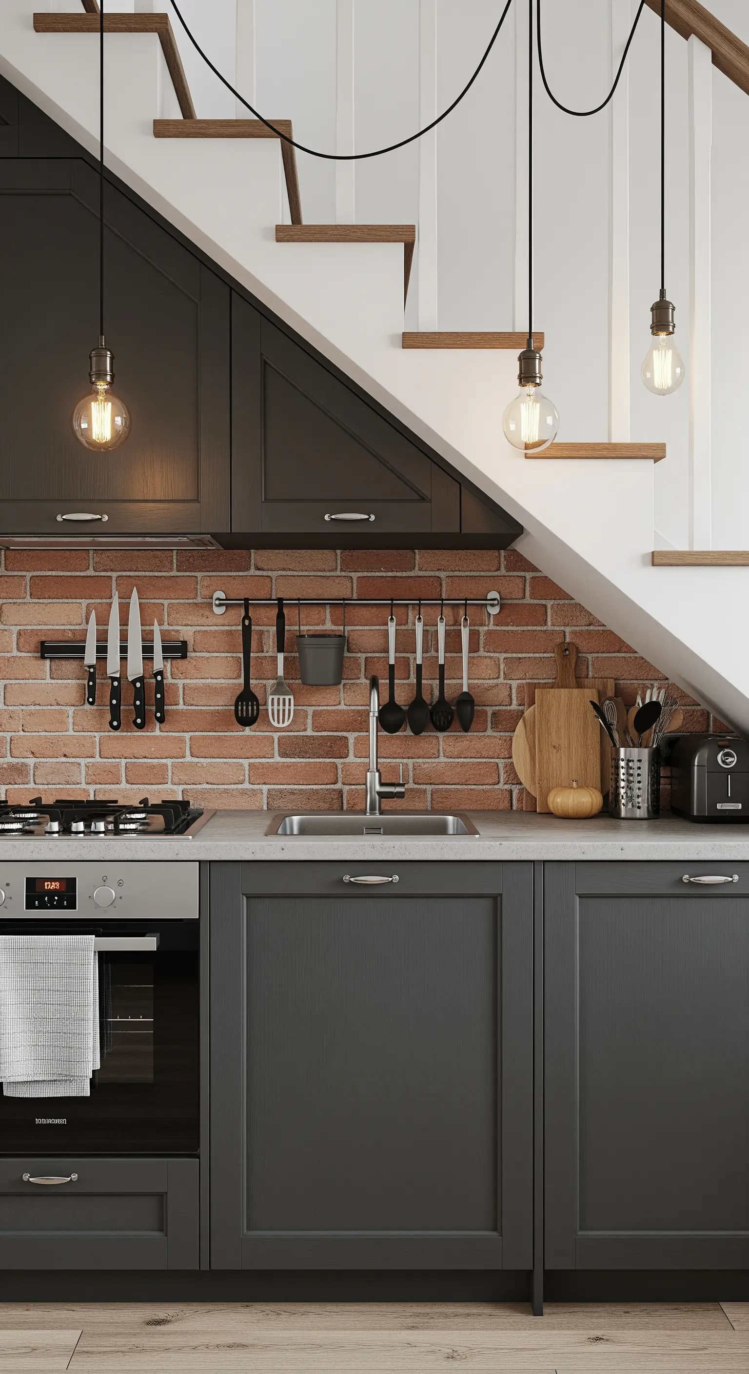 Cucina compatta grigio scuro installata nello spazio sotto una scala.