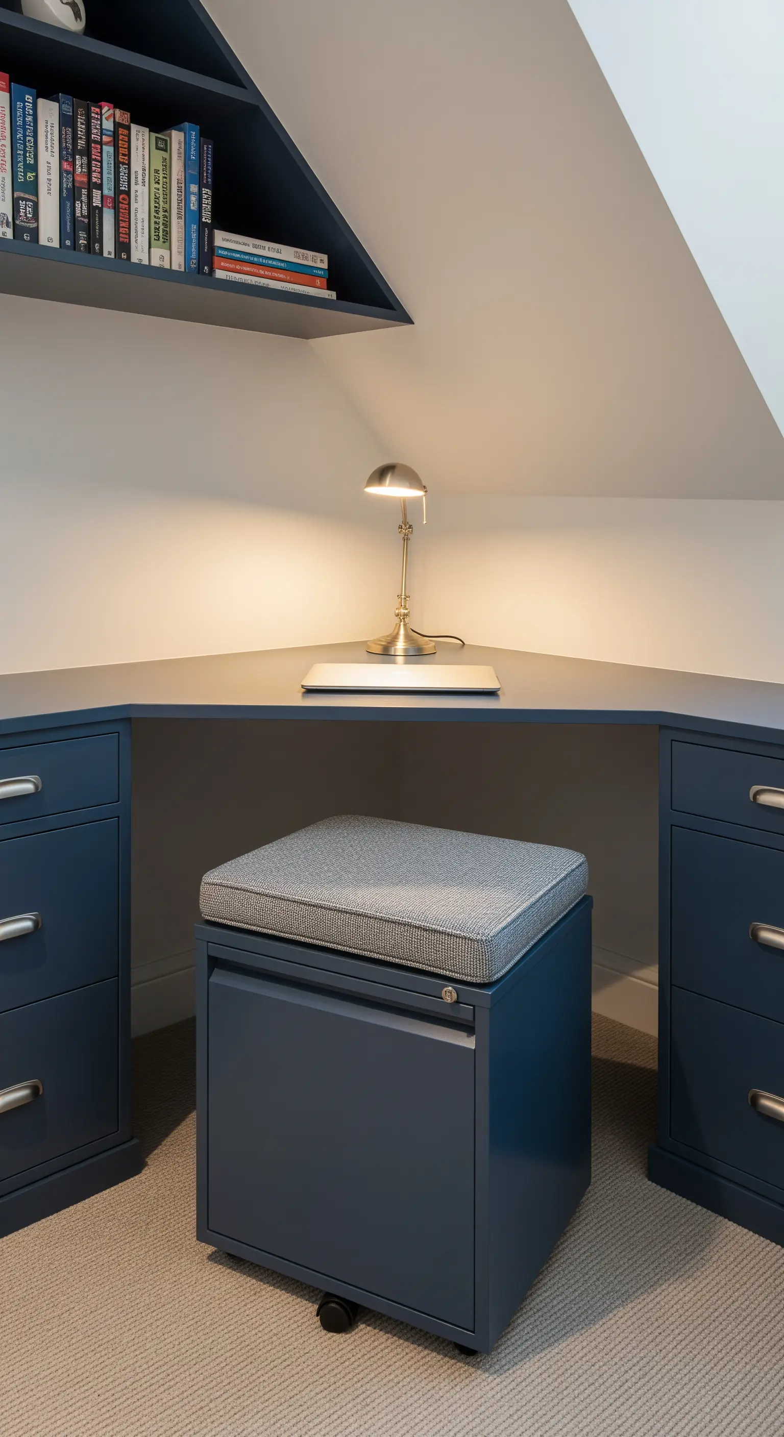 Scrivania angolare su misura in un sottotetto, con cassettiera mobile come seduta.