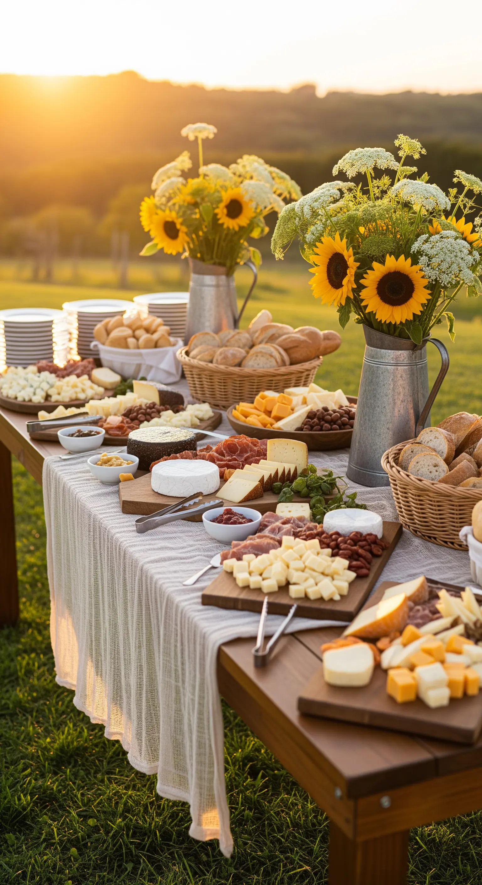 Buffet allestito in un prato al tramonto, con girasoli in vasi di latta.