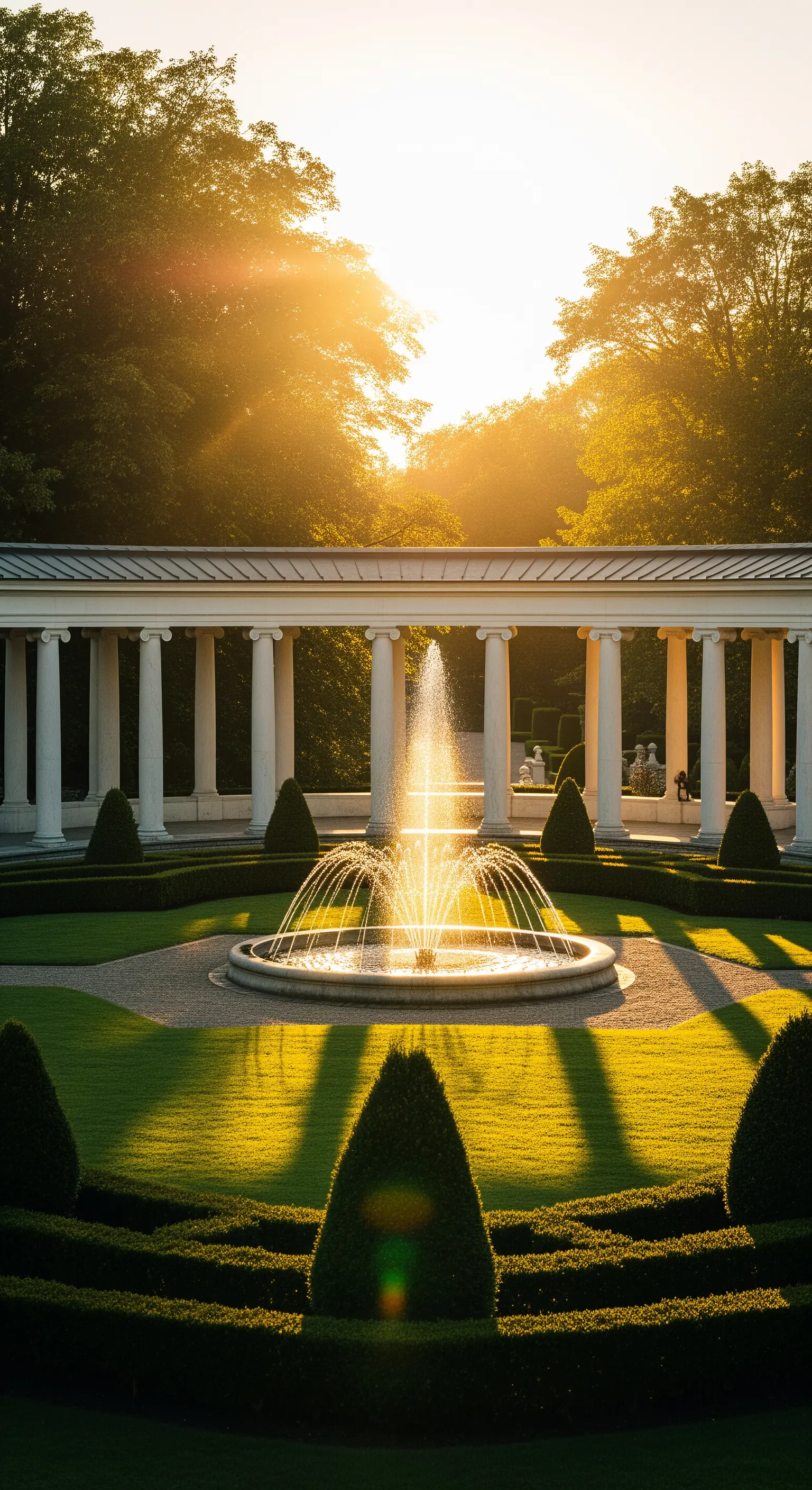 Grande fontana in un giardino formale, retroilluminata dalla luce dorata del tramonto.