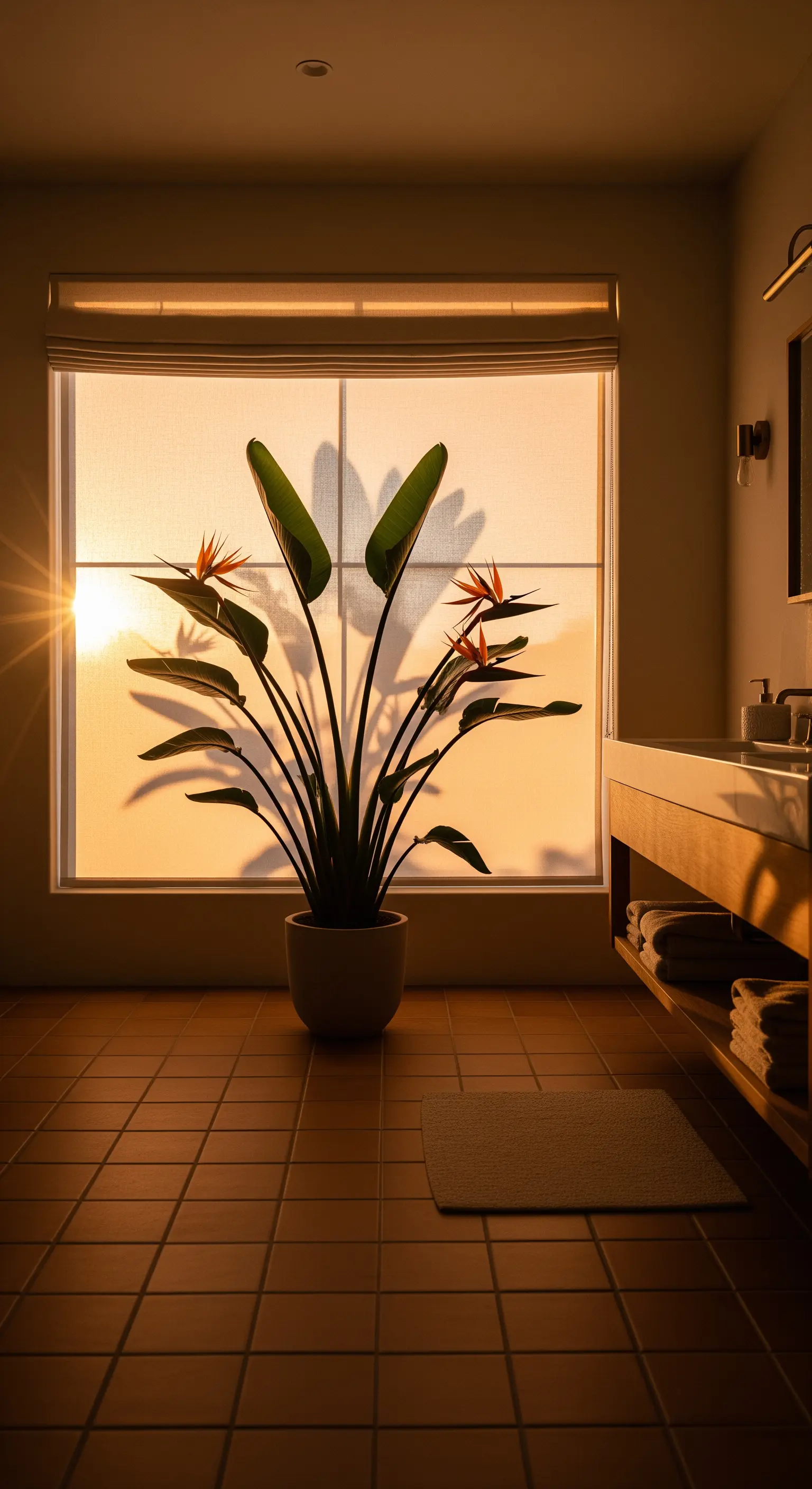 Pianta di Strelitzia in controluce davanti a una finestra in un bagno con pavimento in cotto.