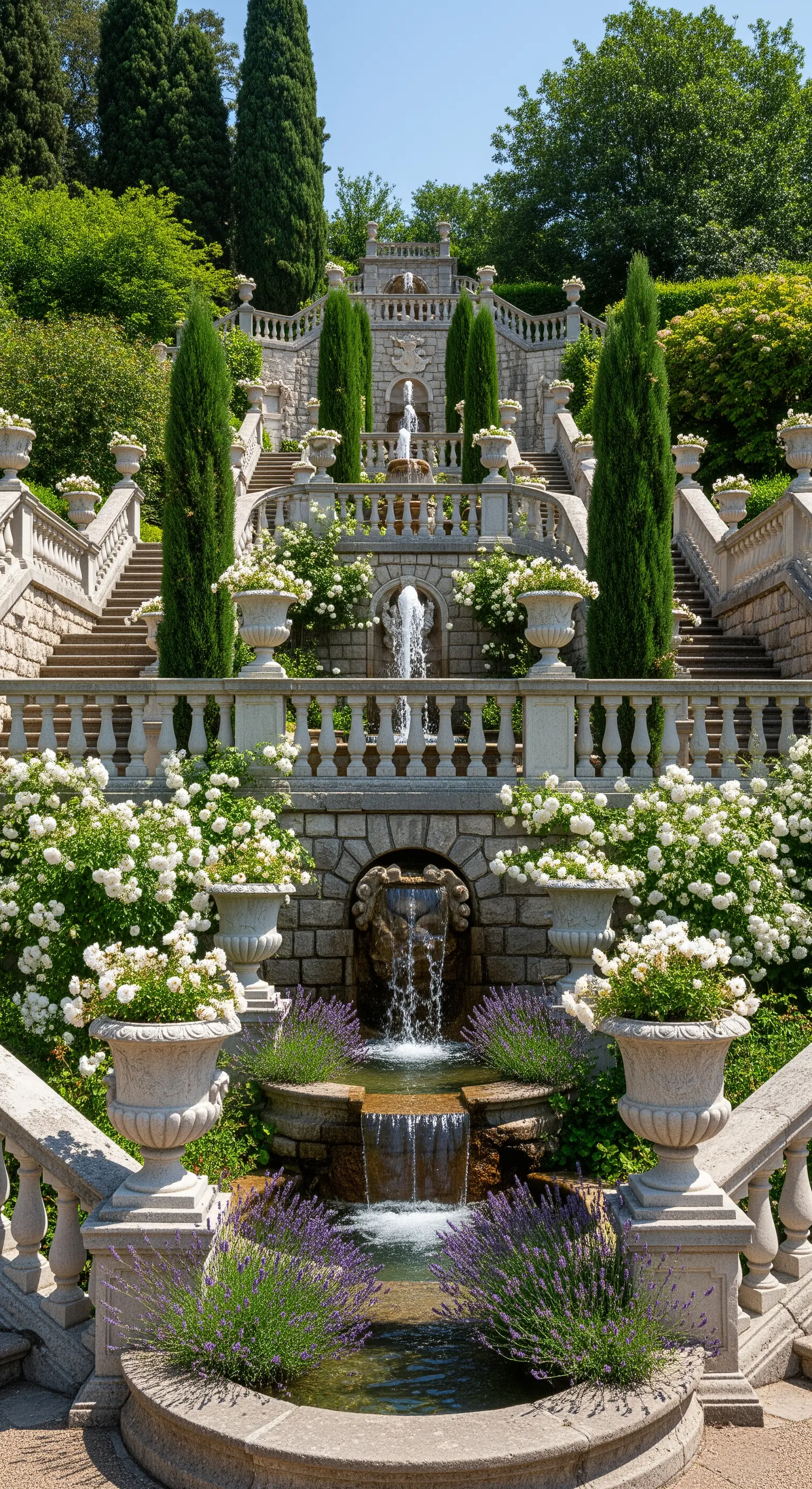 Giardino terrazzato con scalinate in pietra, fontane a cascata e vasi di fiori bianchi.