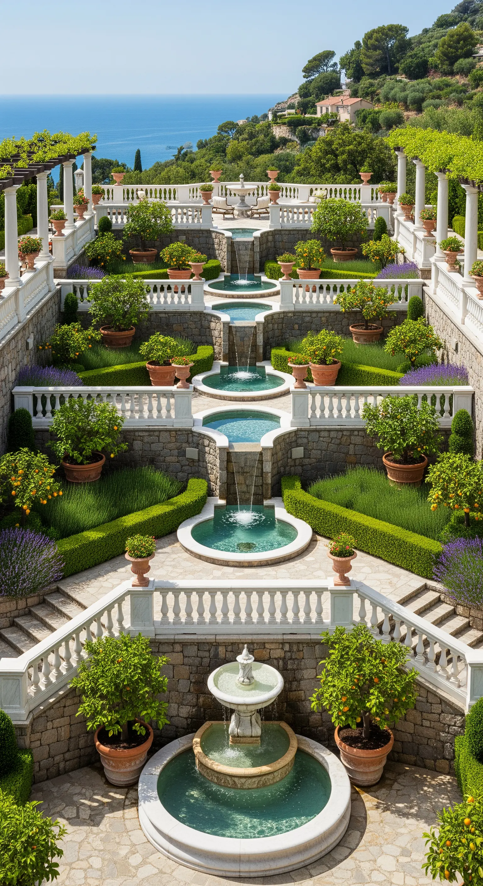 Giardino terrazzato a più livelli con fontane e agrumi in vaso, vista mare.