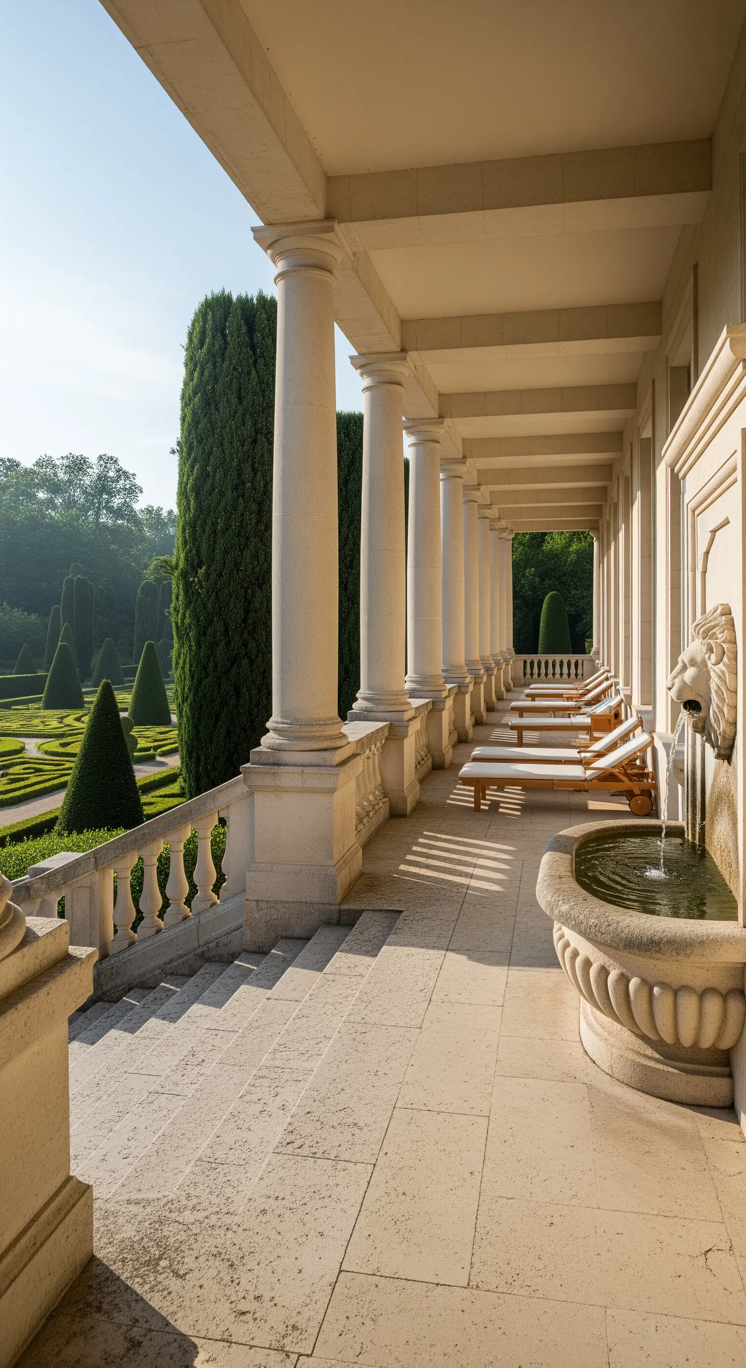 Lungo portico con colonne bianche, chaise longue in legno e una fontana a mascherone con leone.
