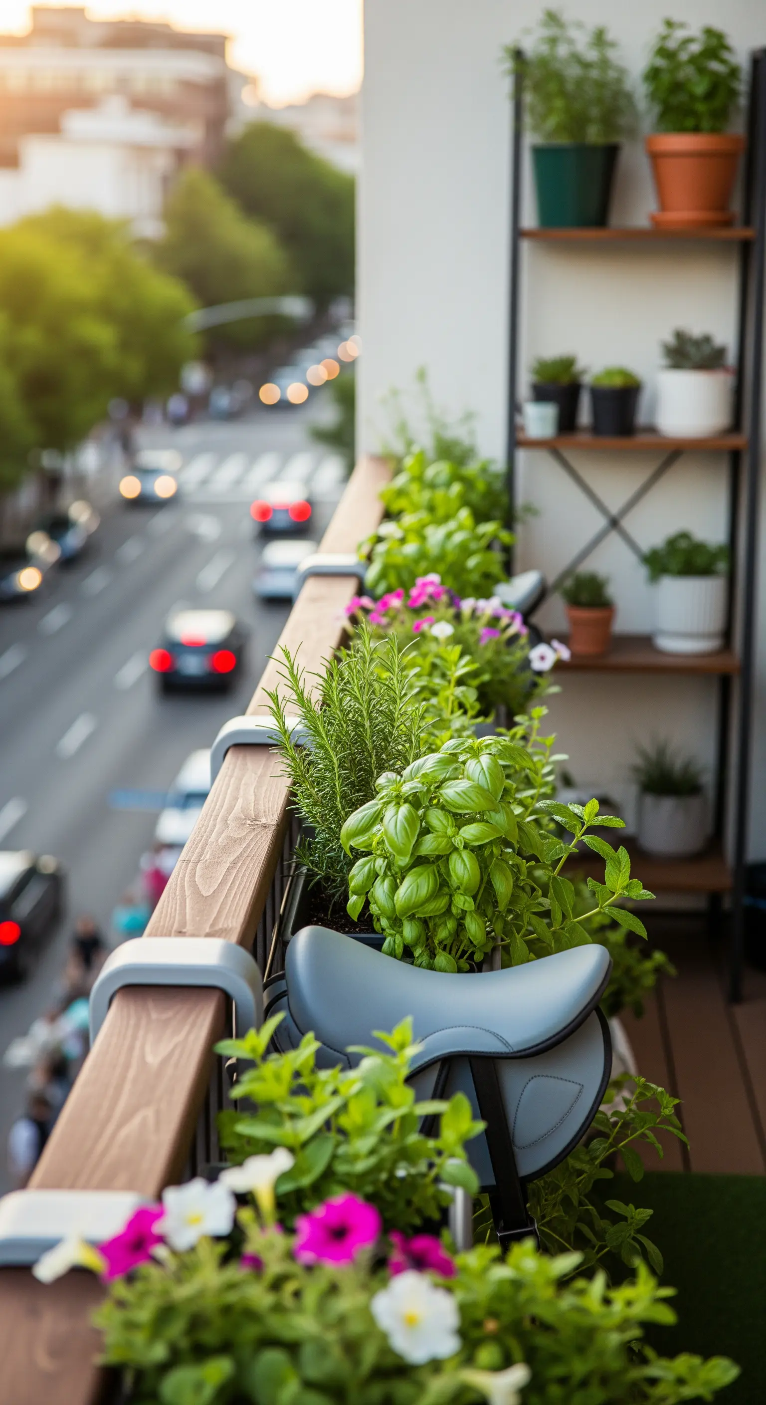 Fioriere da ringhiera con basilico e rosmarino su un balcone affacciato sulla città.
