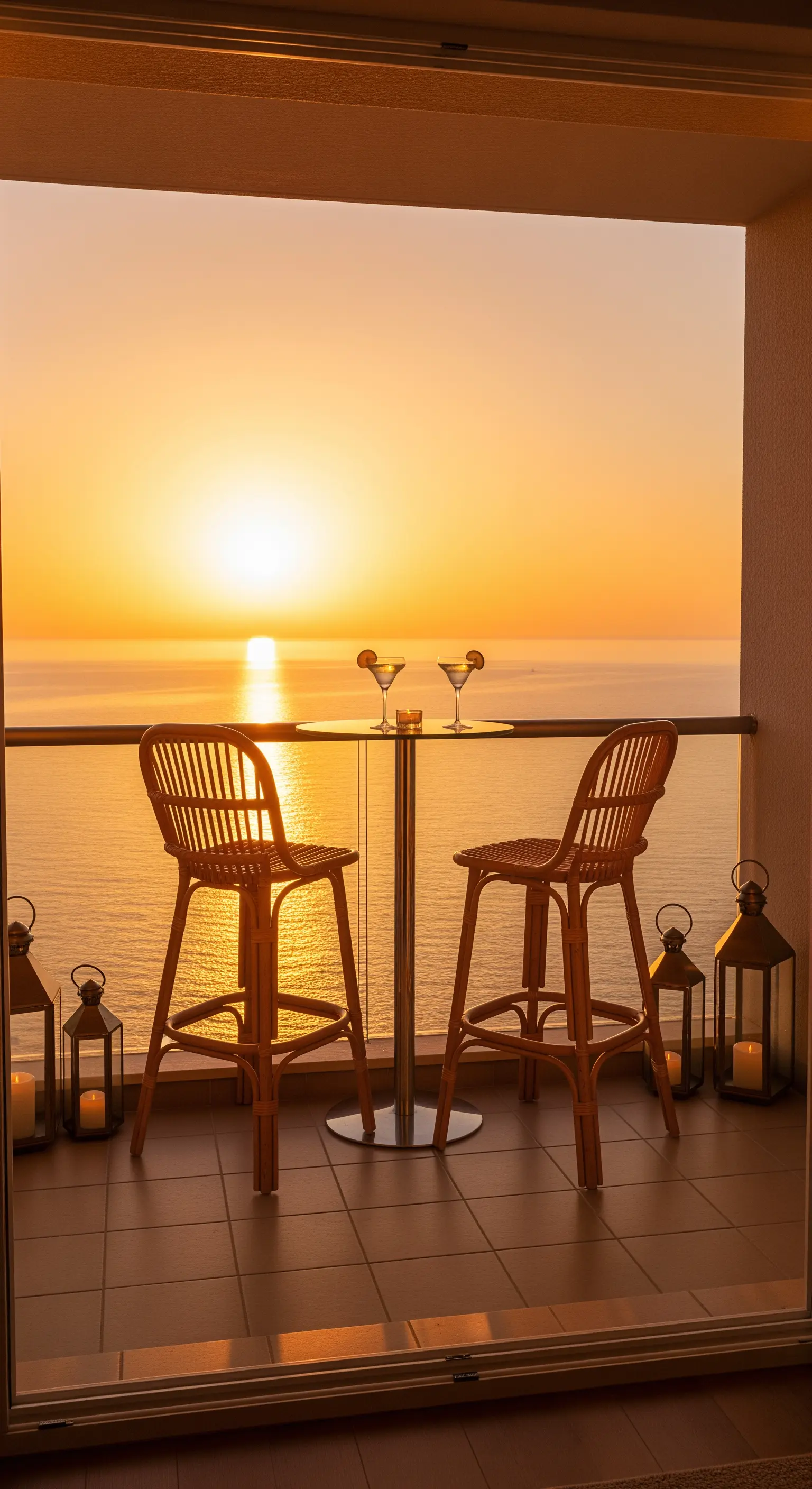 Balcone con tavolino alto e sgabelli in rattan che guardano il tramonto sul mare.