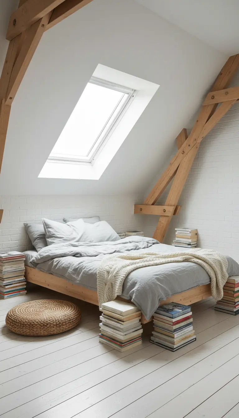 Letto basso in legno chiaro in una mansarda con travi a vista e pile di libri come comodini.