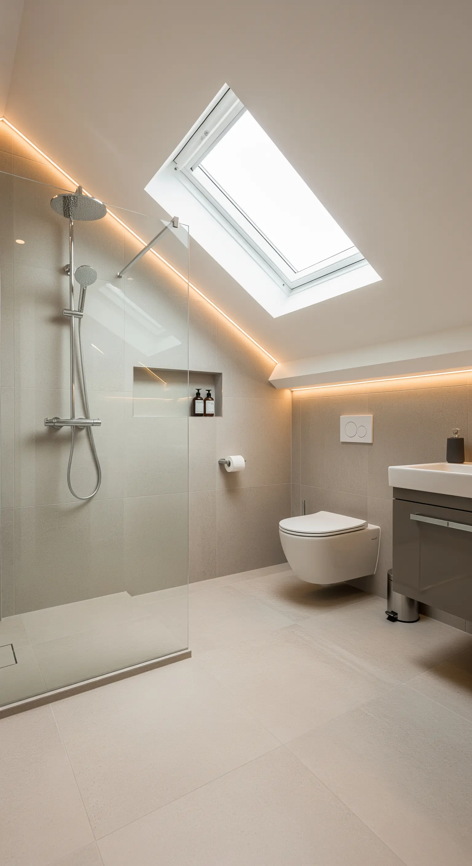 Bagno in mansarda con lucernario, doccia in vetro e strisce LED lungo il soffitto spiovente.
