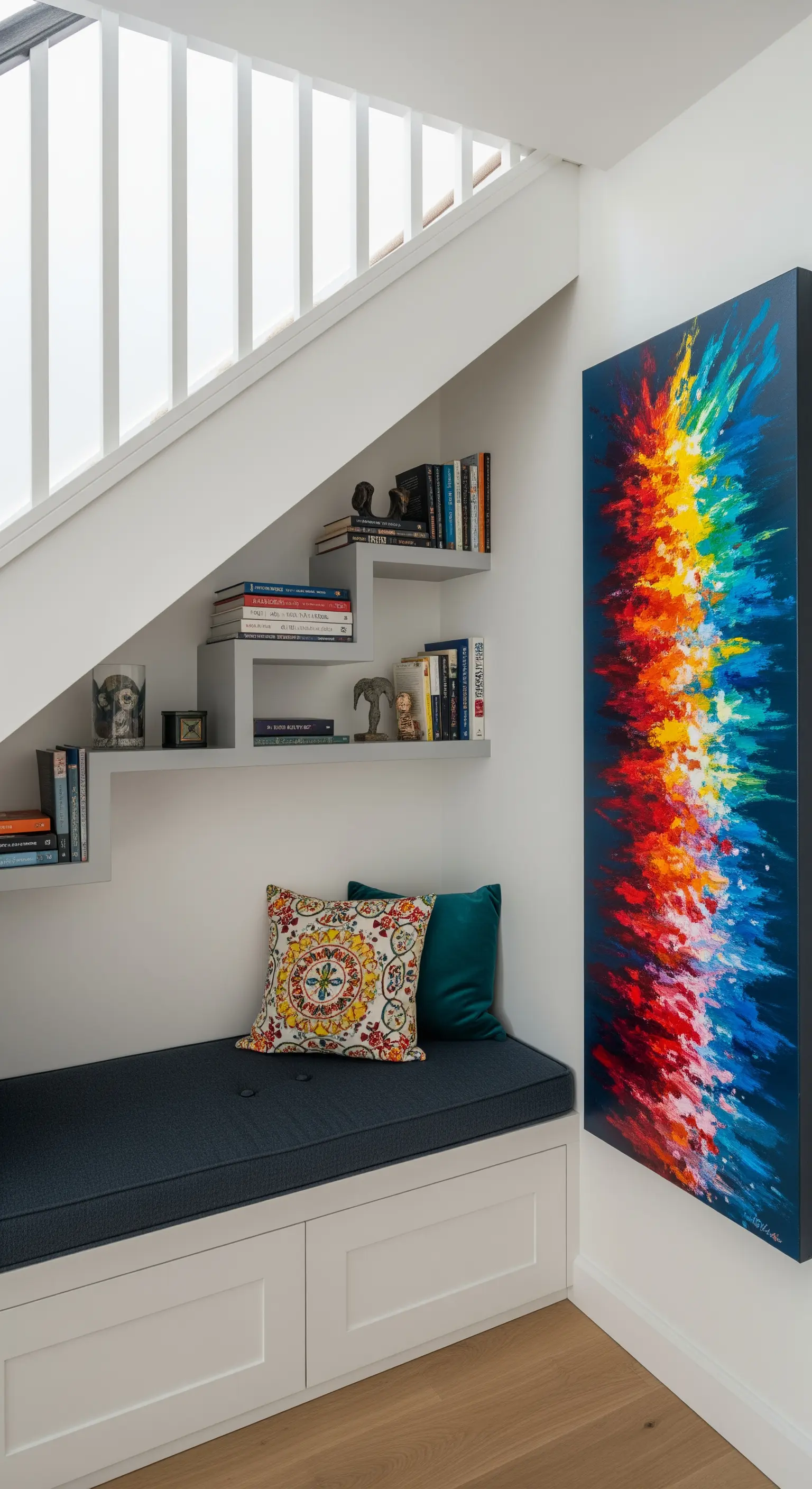 Sottoscala con panca e mensole a gradoni, e un quadro astratto verticale e colorato.