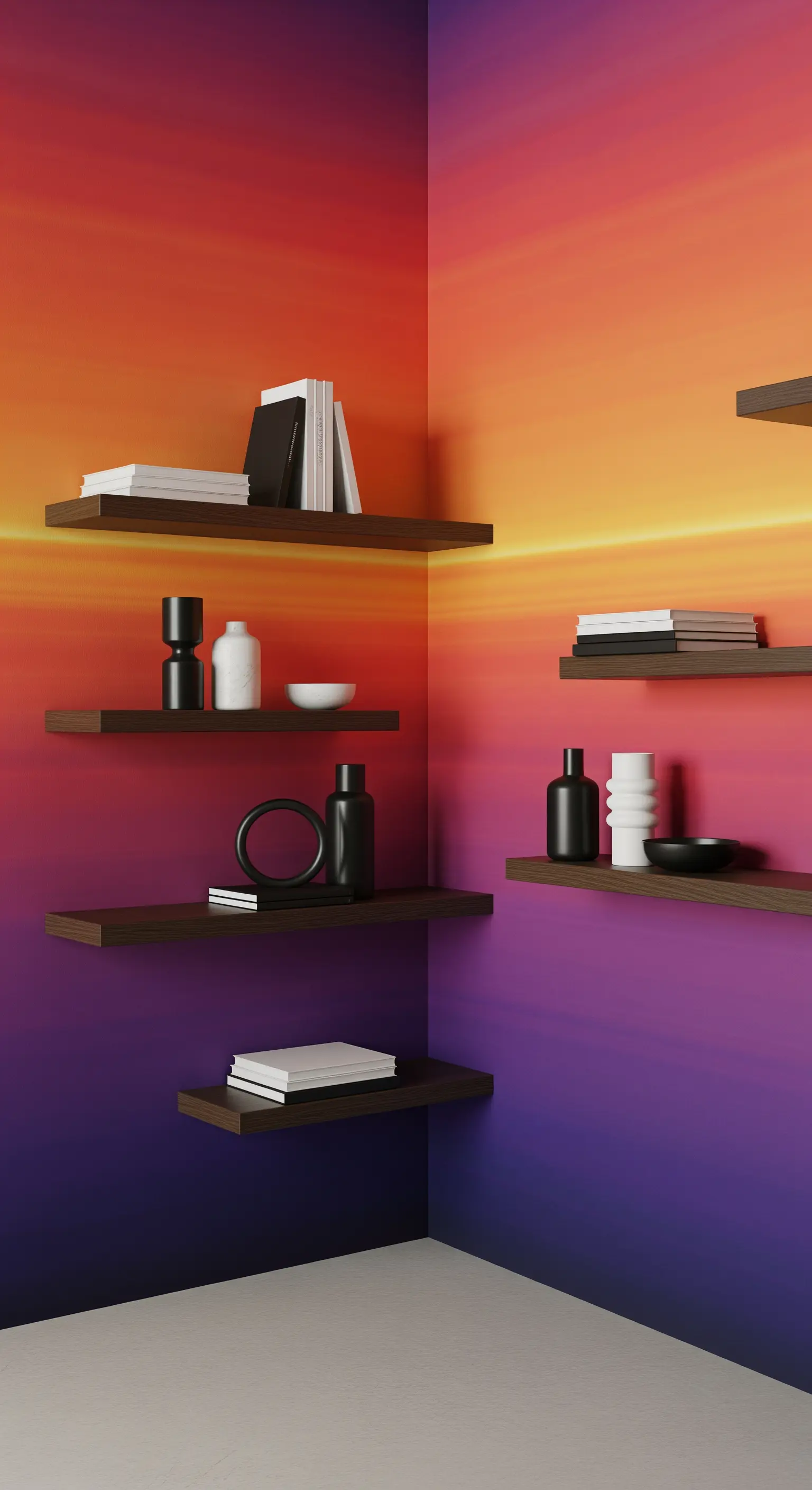 Mensole flottanti scure su una parete con un murale sfumato dai toni del tramonto.