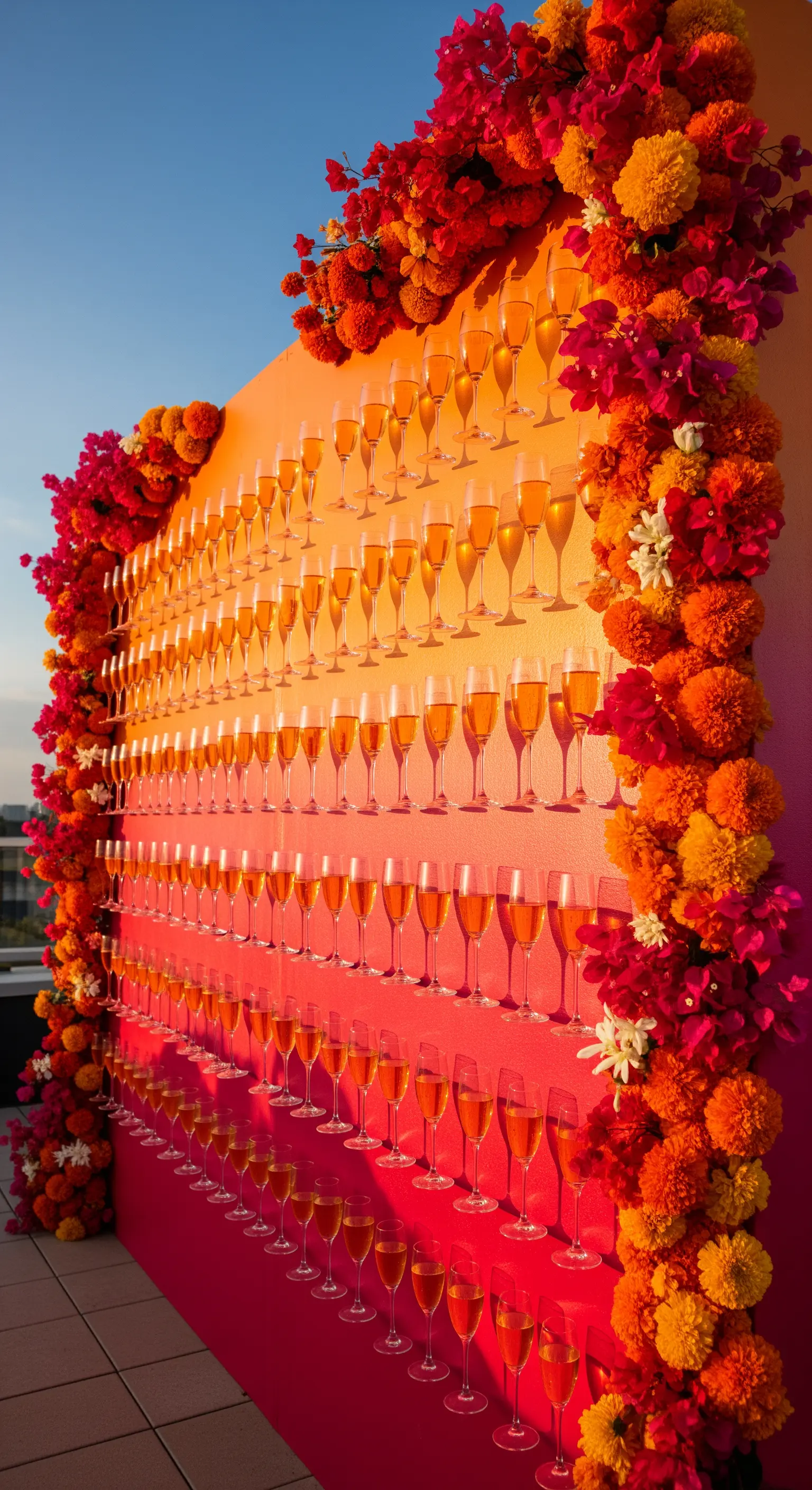 Grande prosecco wall con gradiente arancio-rosa, incorniciato da fiori di calendula.