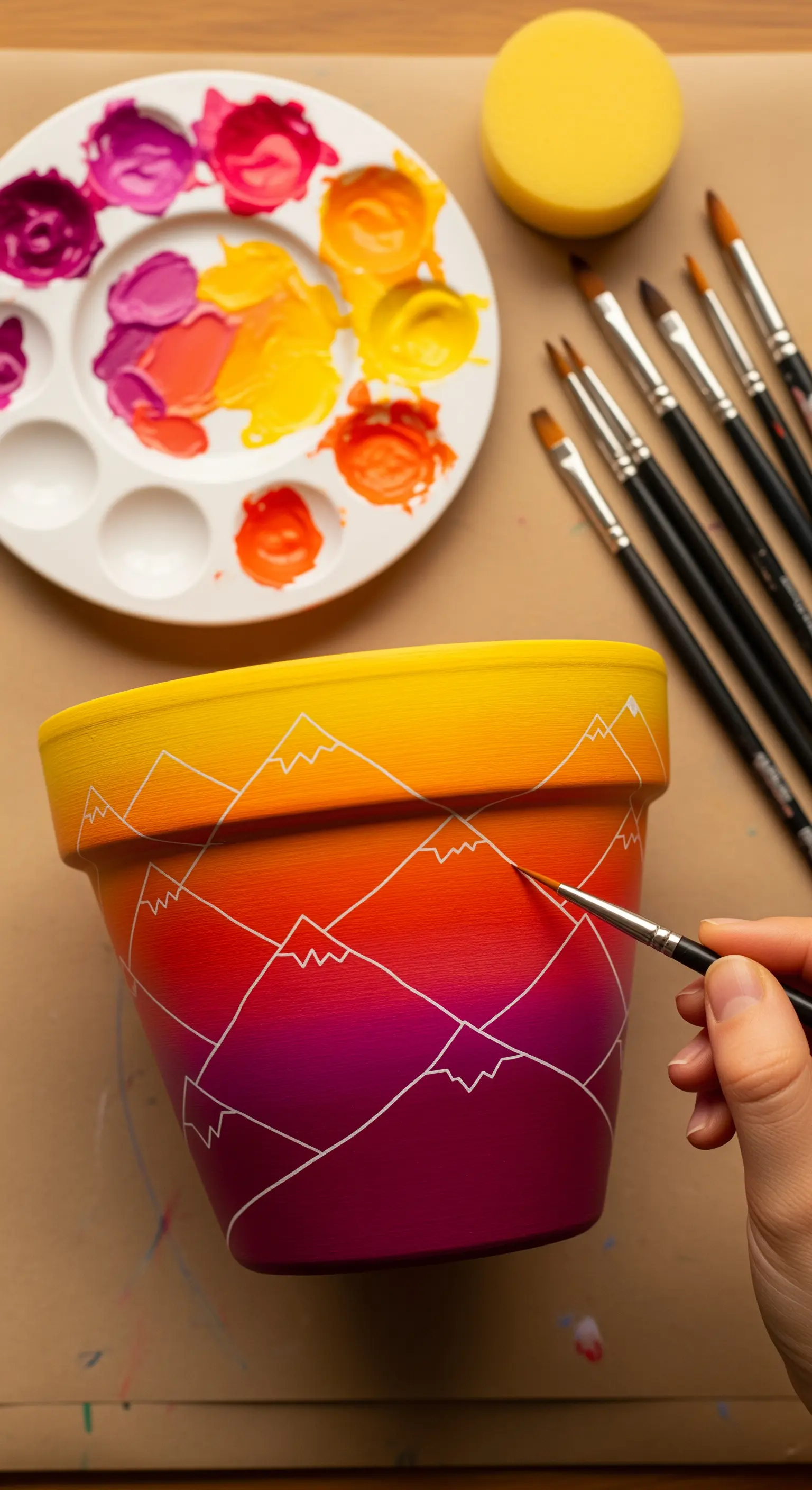 Mano che dipinge con un pennello sottile il profilo di montagne bianche su un vaso sfumato.