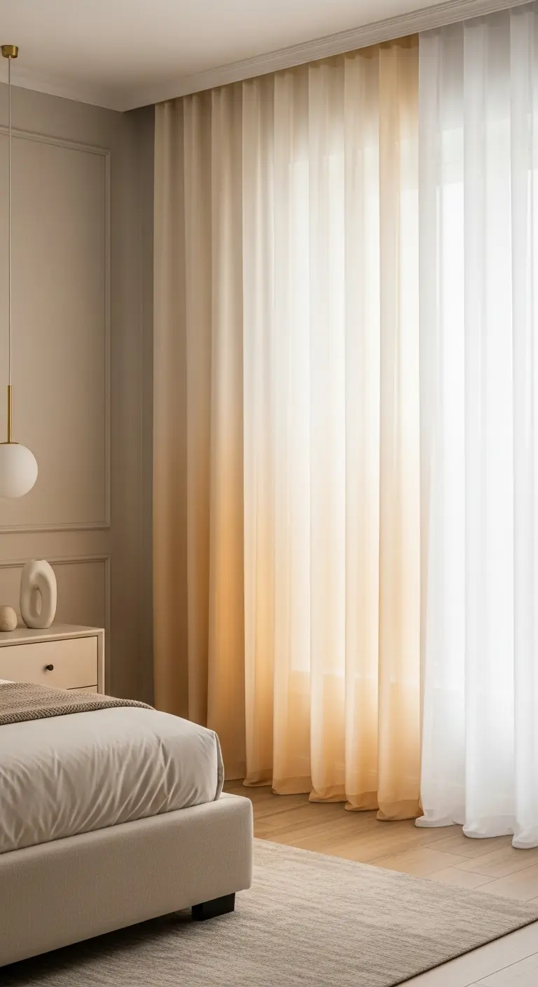 Camera da letto con tende bianche che sfumano in un caldo colore ambrato verso il pavimento.