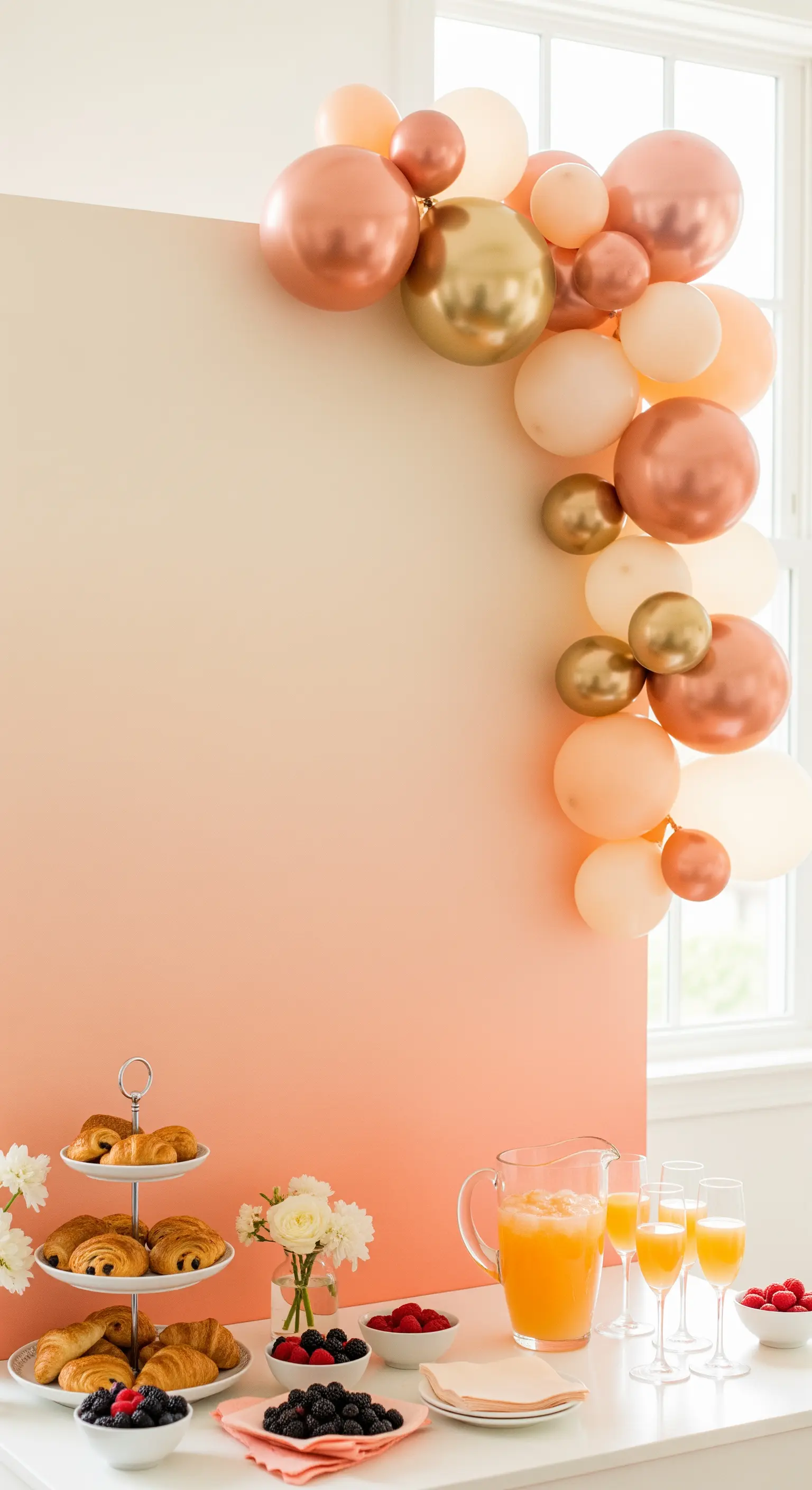 Backdrop sfumato color pesca con arco di palloncini oro rosa per un brunch.