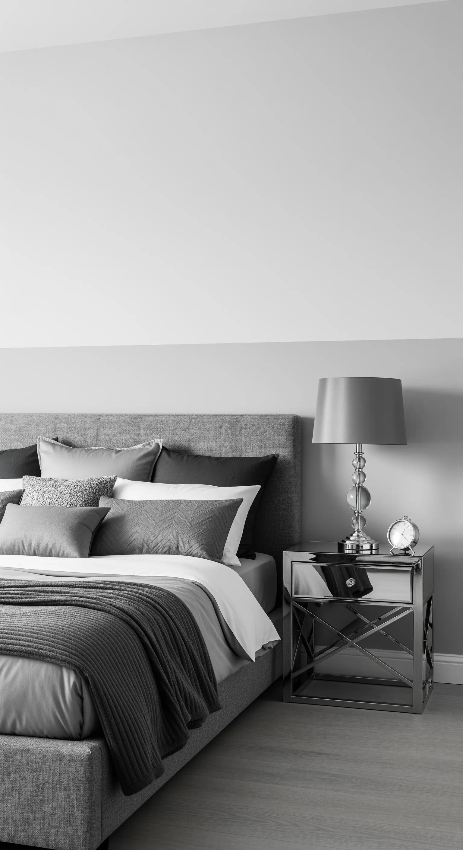 Camera da letto monocromatica con parete e arredi in diverse tonalità di grigio.