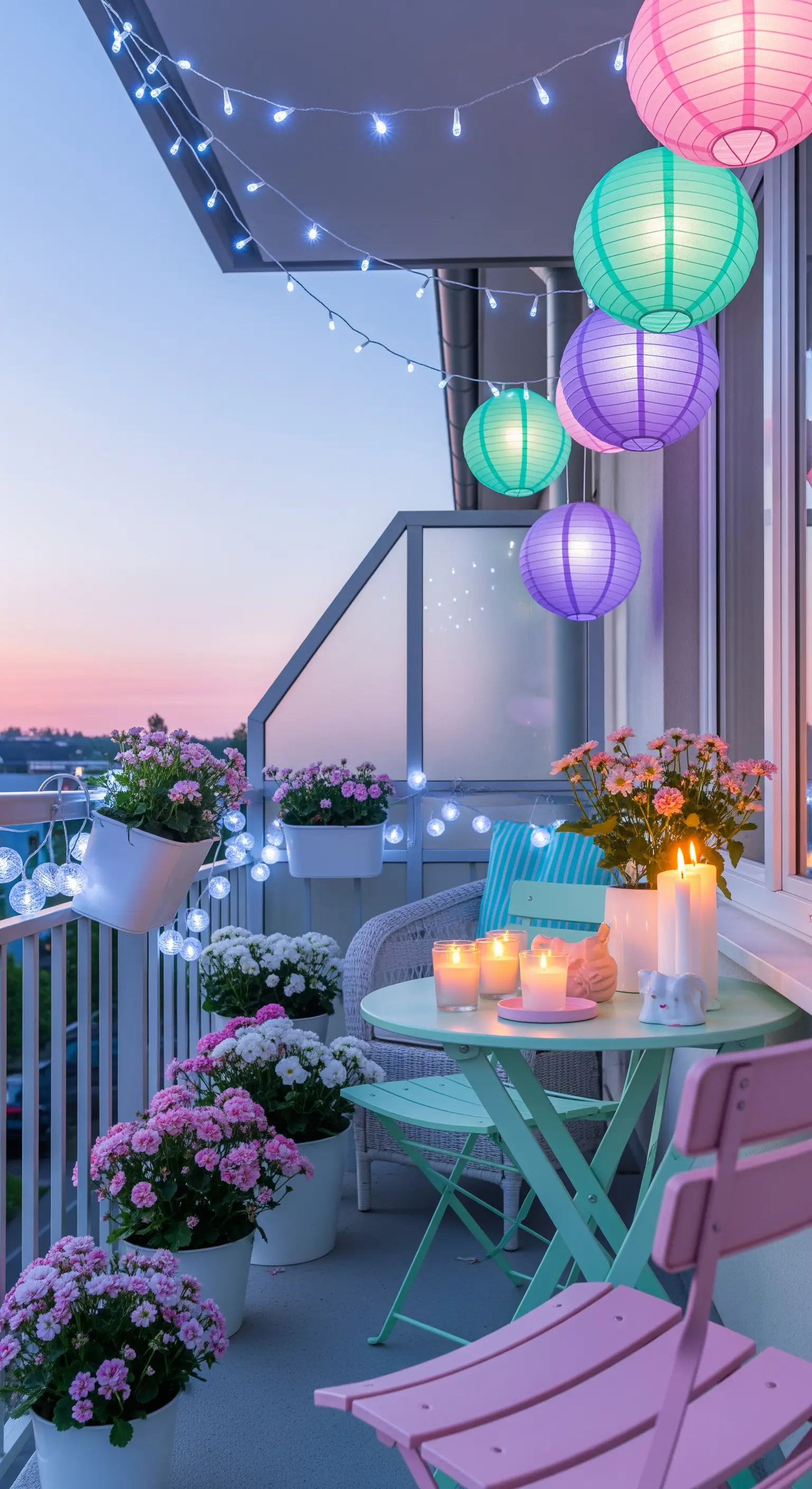 Balcone con lanterne di carta color pastello, fiori e candele su un tavolino verde menta
