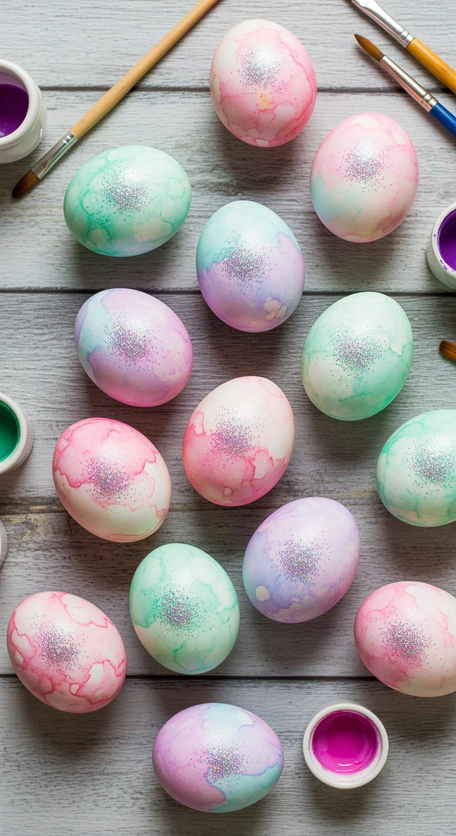 Uova pasquali decorate con acquerelli pastello e glitter argentato, viste dall'alto.