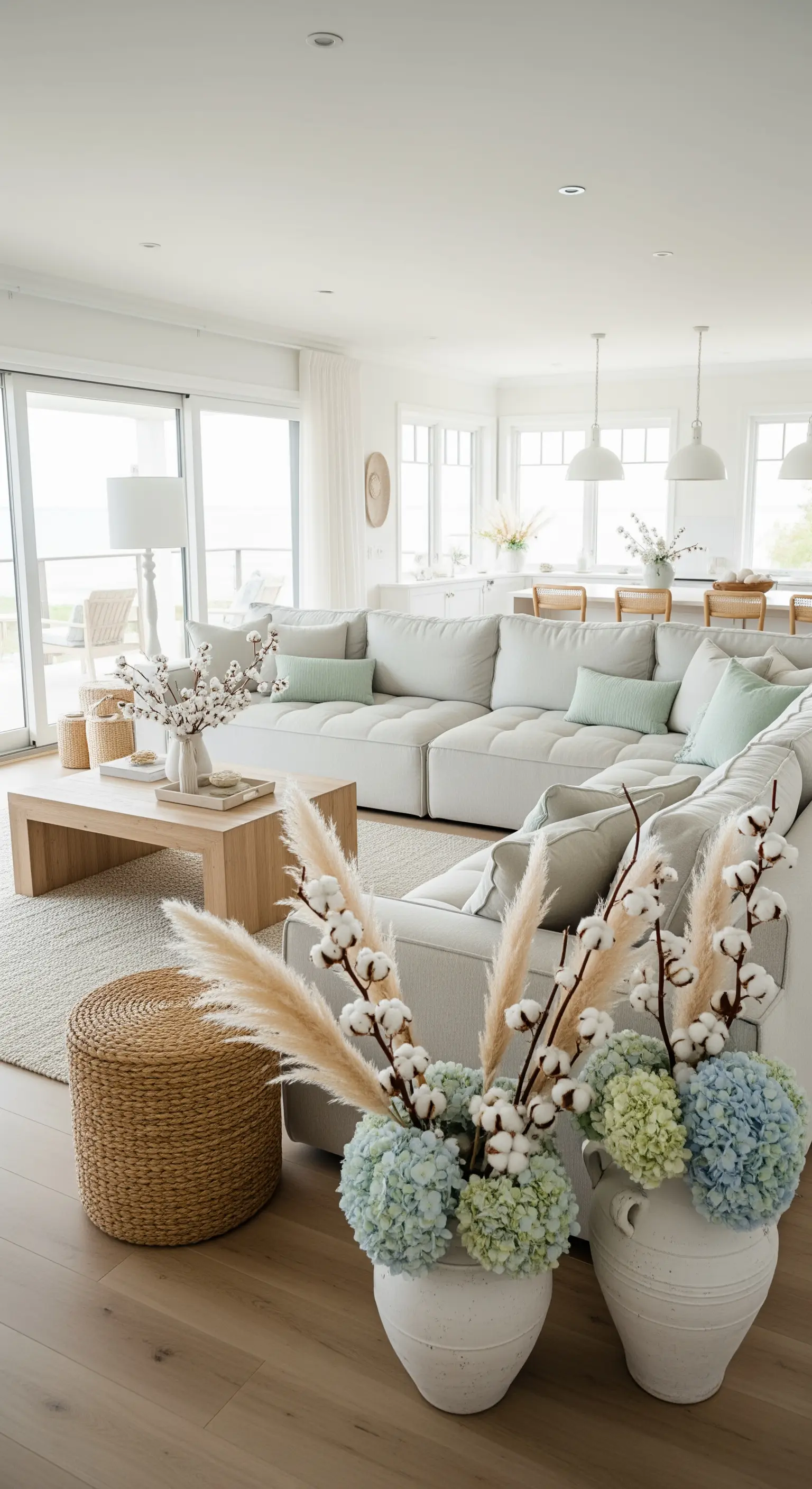 Ampio salotto open space con divano componibile grigio chiaro e cuscini verde acqua.