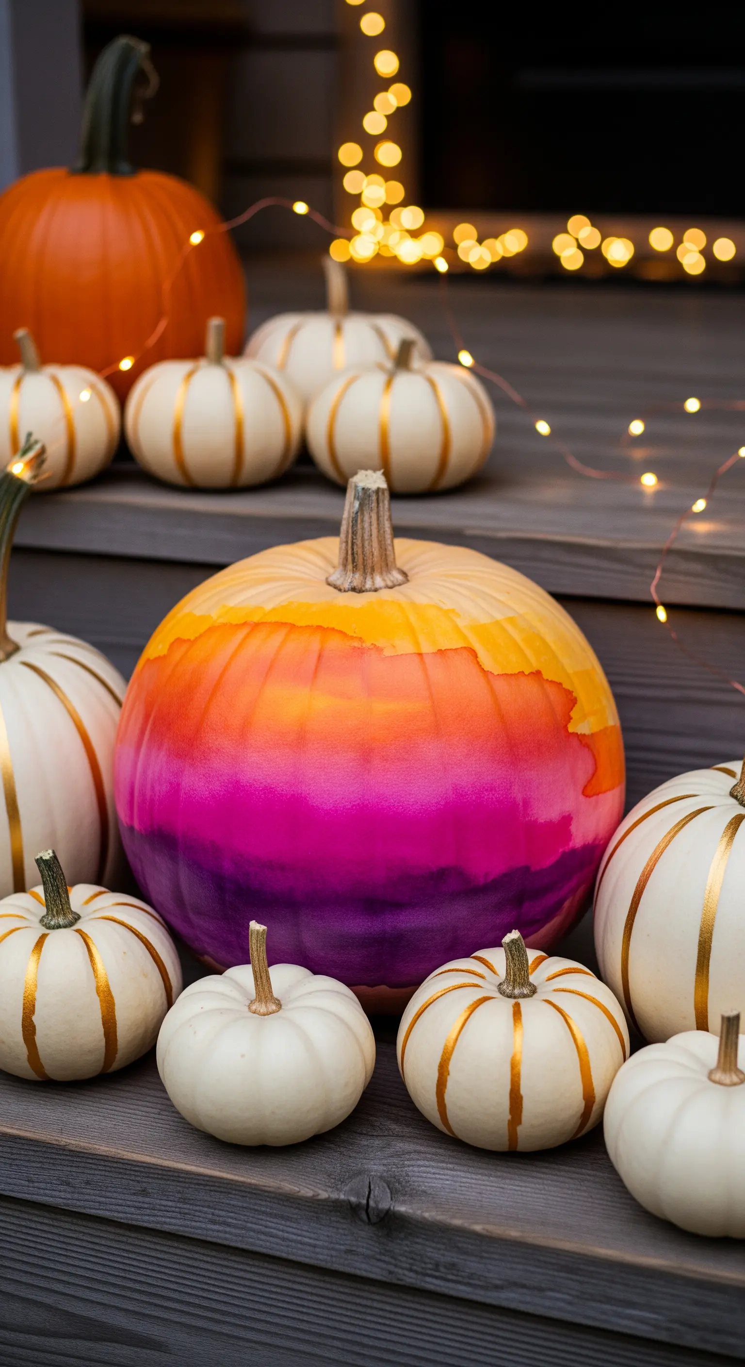 Zucca grande con sfumature dal viola all'arancione, circondata da piccole zucche bianche e lucine.