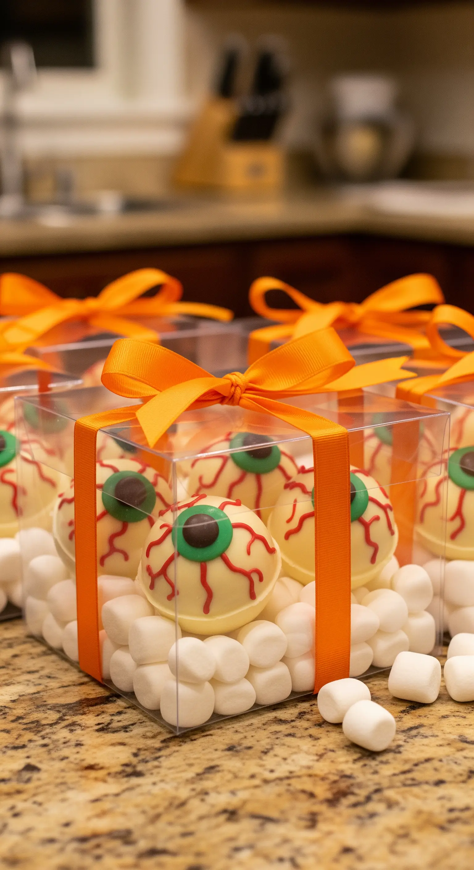 Cake pop a forma di bulbo oculare confezionati in una scatola trasparente con un fiocco arancione.