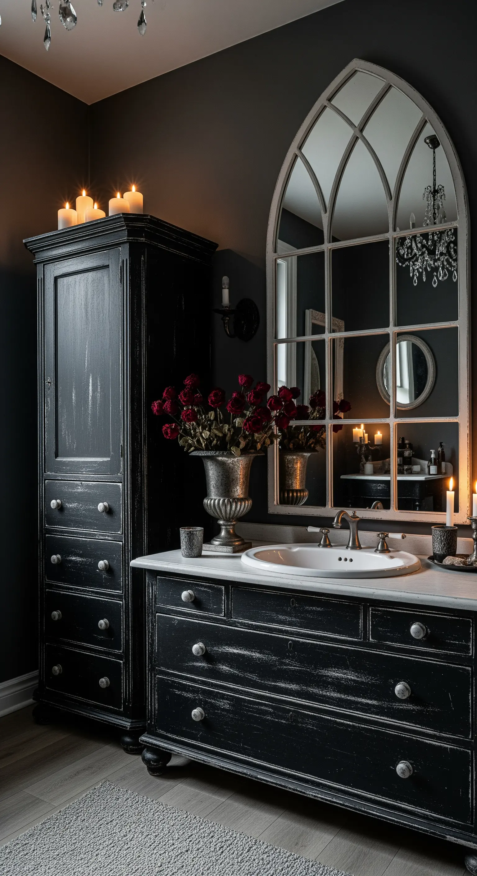 Mobili neri decapati in un bagno scuro, illuminati da candele, con un grande specchio a finestra.
