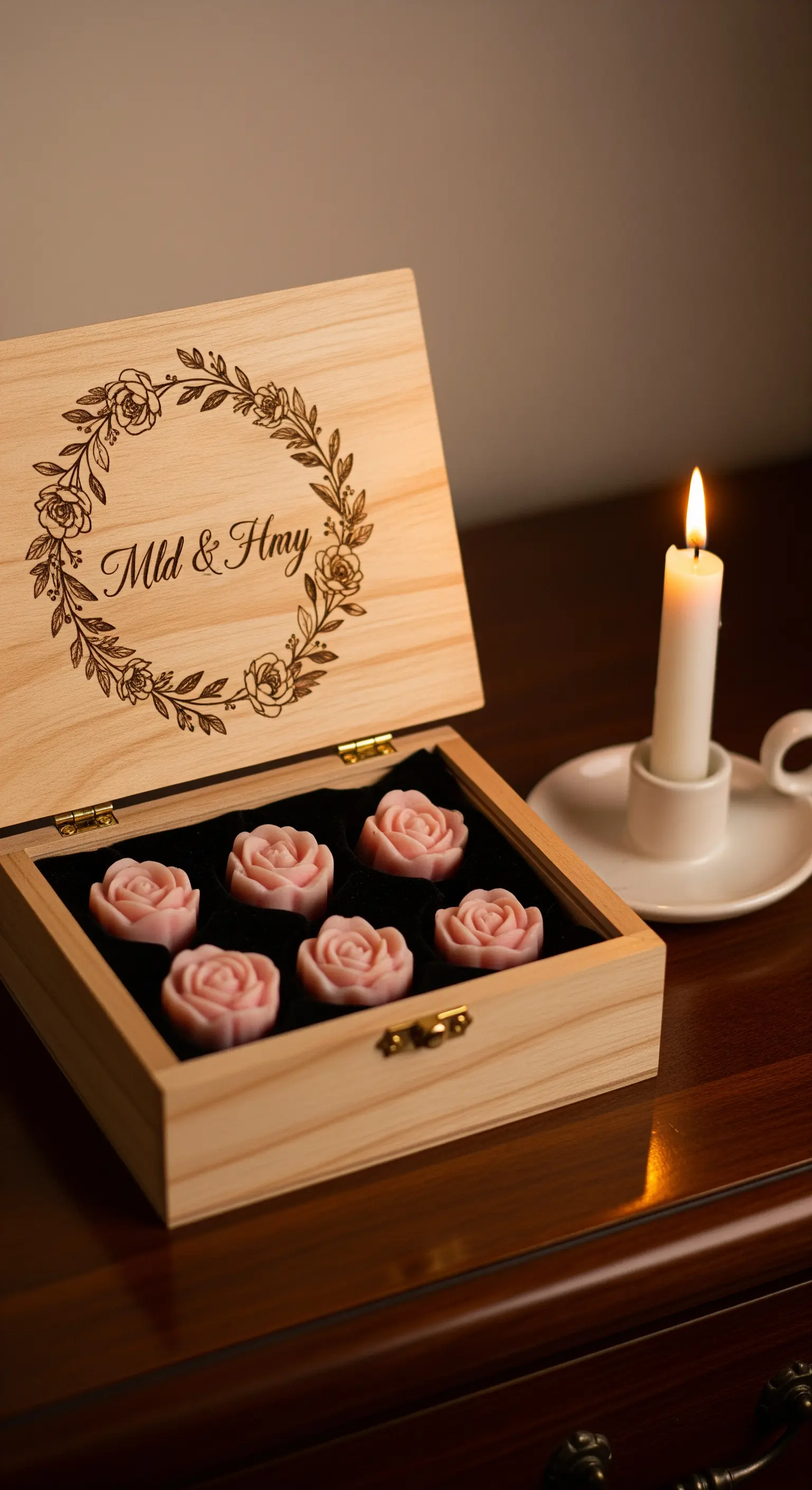 Scatola in legno incisa con iniziali, contenente cere profumate a forma di rosa.