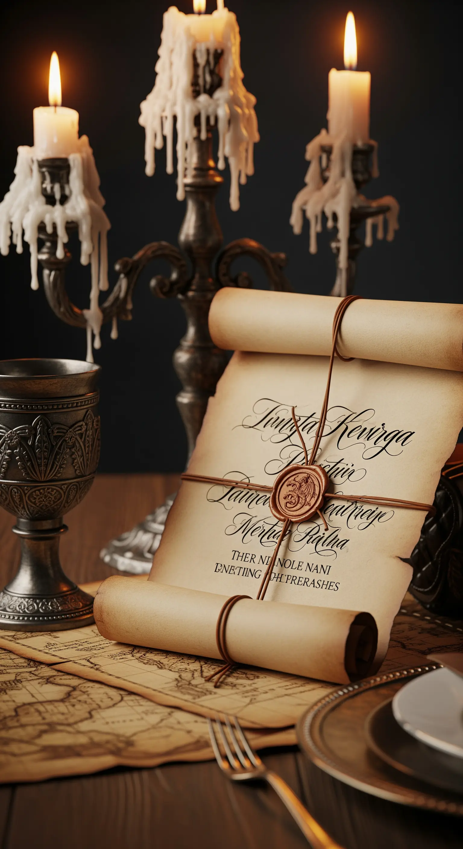 Invito a pergamena arrotolata con sigillo di ceralacca, accanto a un candelabro e un calice.