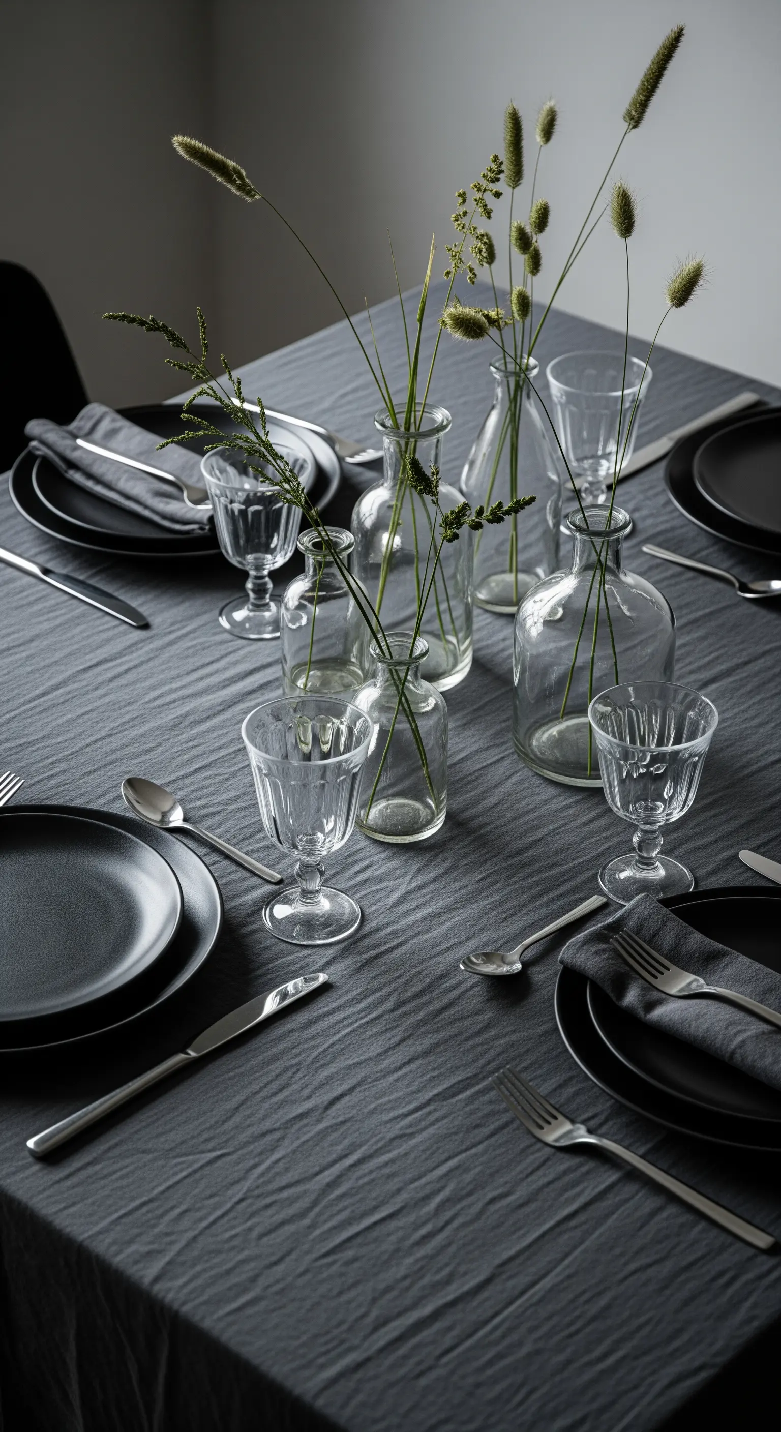 Tavola grigio scuro con piatti neri e piccoli vasi con steli d'erba.
