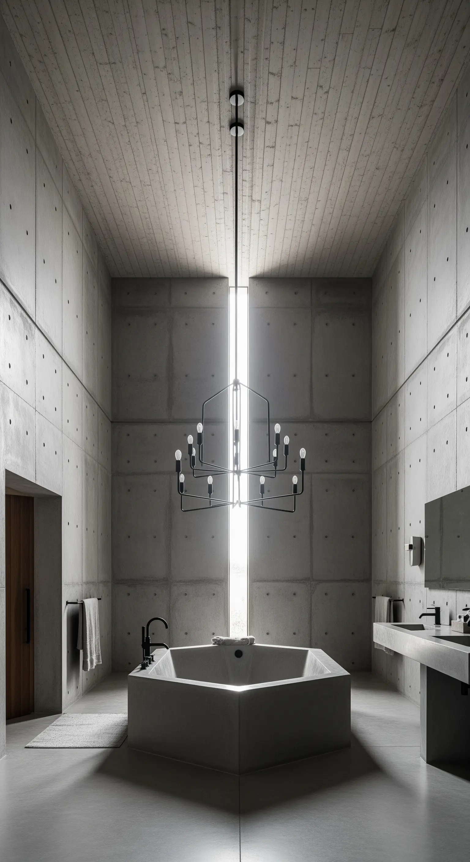 Bagno brutalista in cemento con un lampadario nero minimalista sospeso sotto un lucernario a fessura.