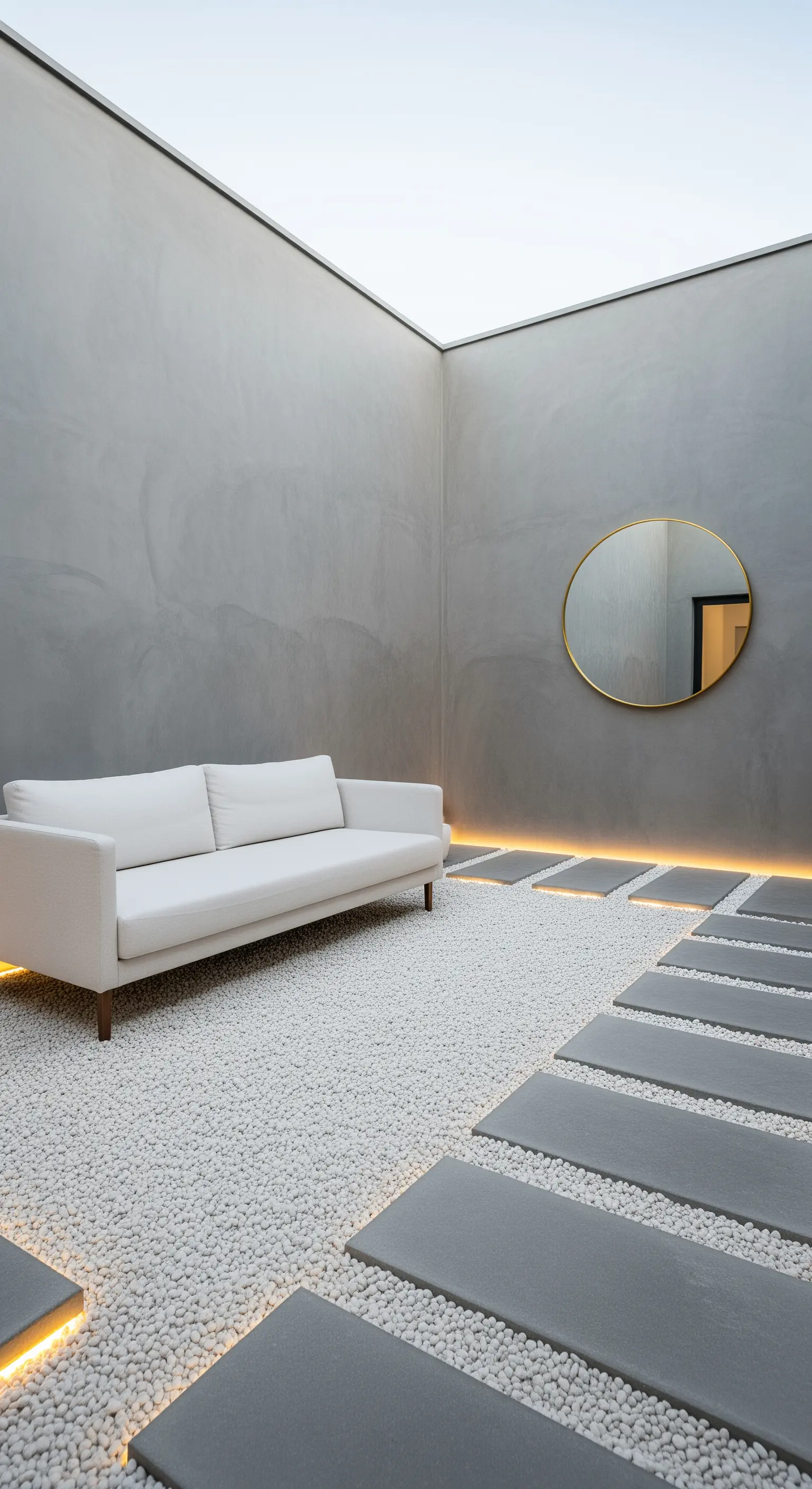 Patio minimalista con pareti in cemento, ciottoli bianchi, lastre grigie e divano bianco.