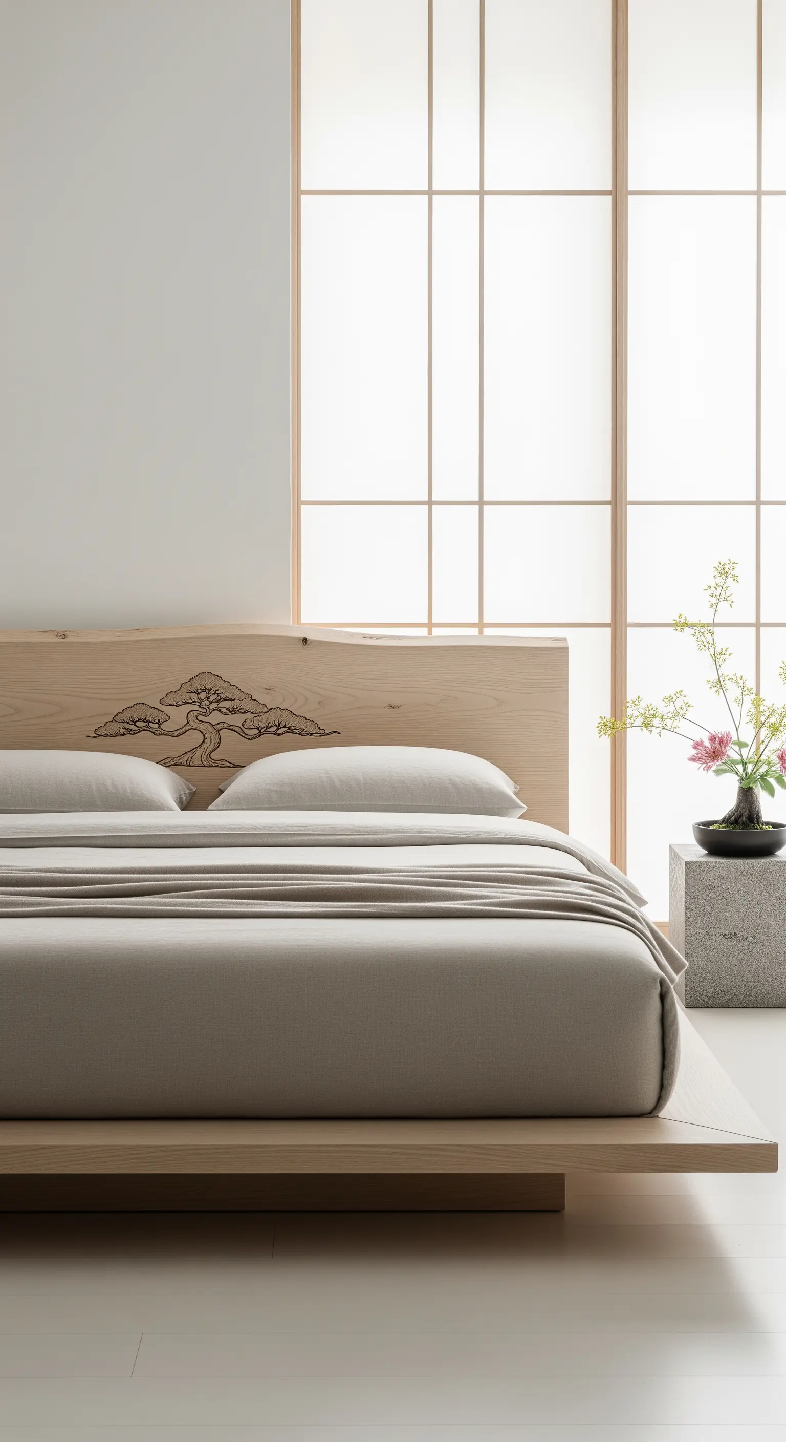 Testiera bassa in legno chiaro con incisione di un bonsai, in una camera da letto minimalista.