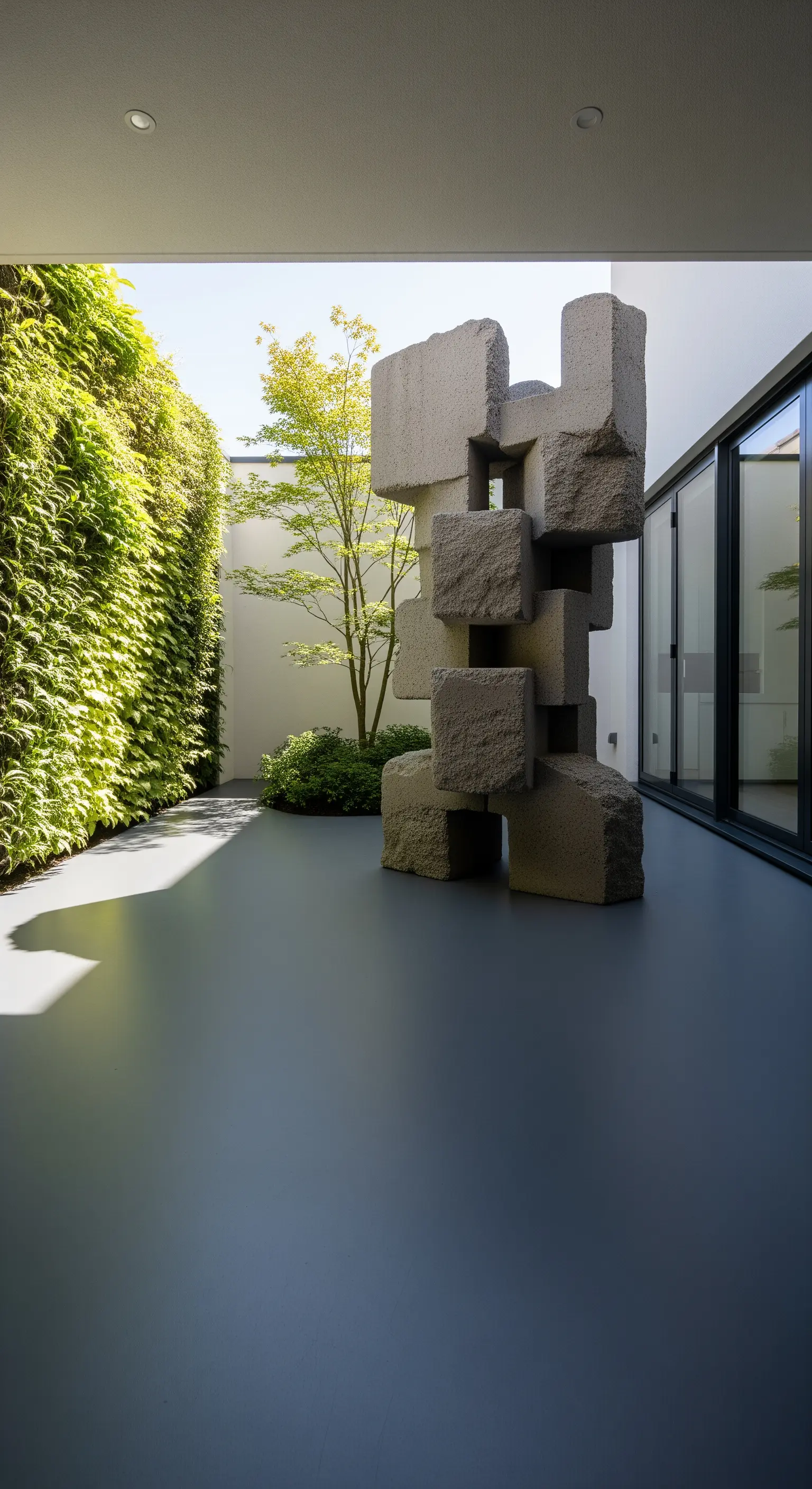 Scultura brutalista in pietra in un cortile moderno con parete verde e pavimento in resina grigia.