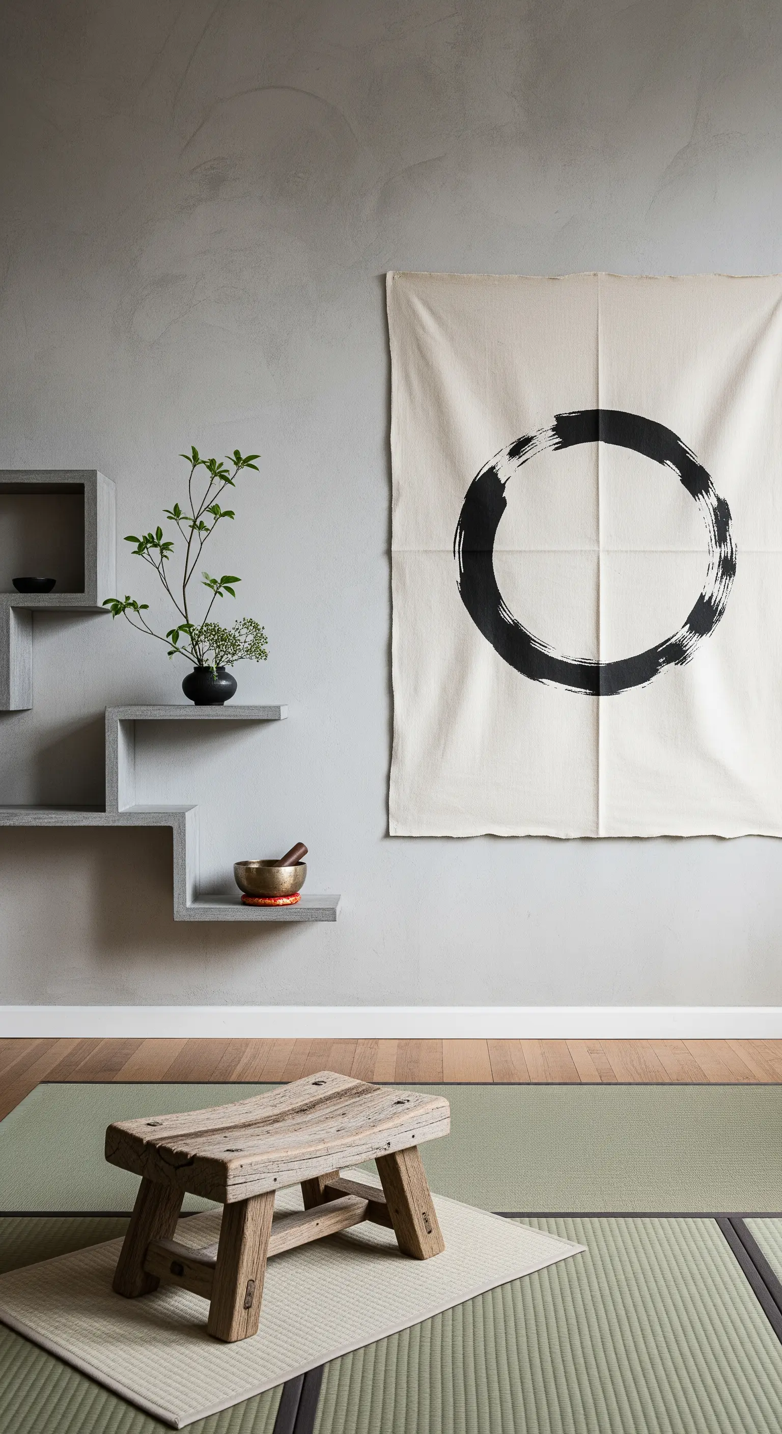 Spazio meditativo con parete effetto cemento, mensole grigie e arazzo con cerchio zen.