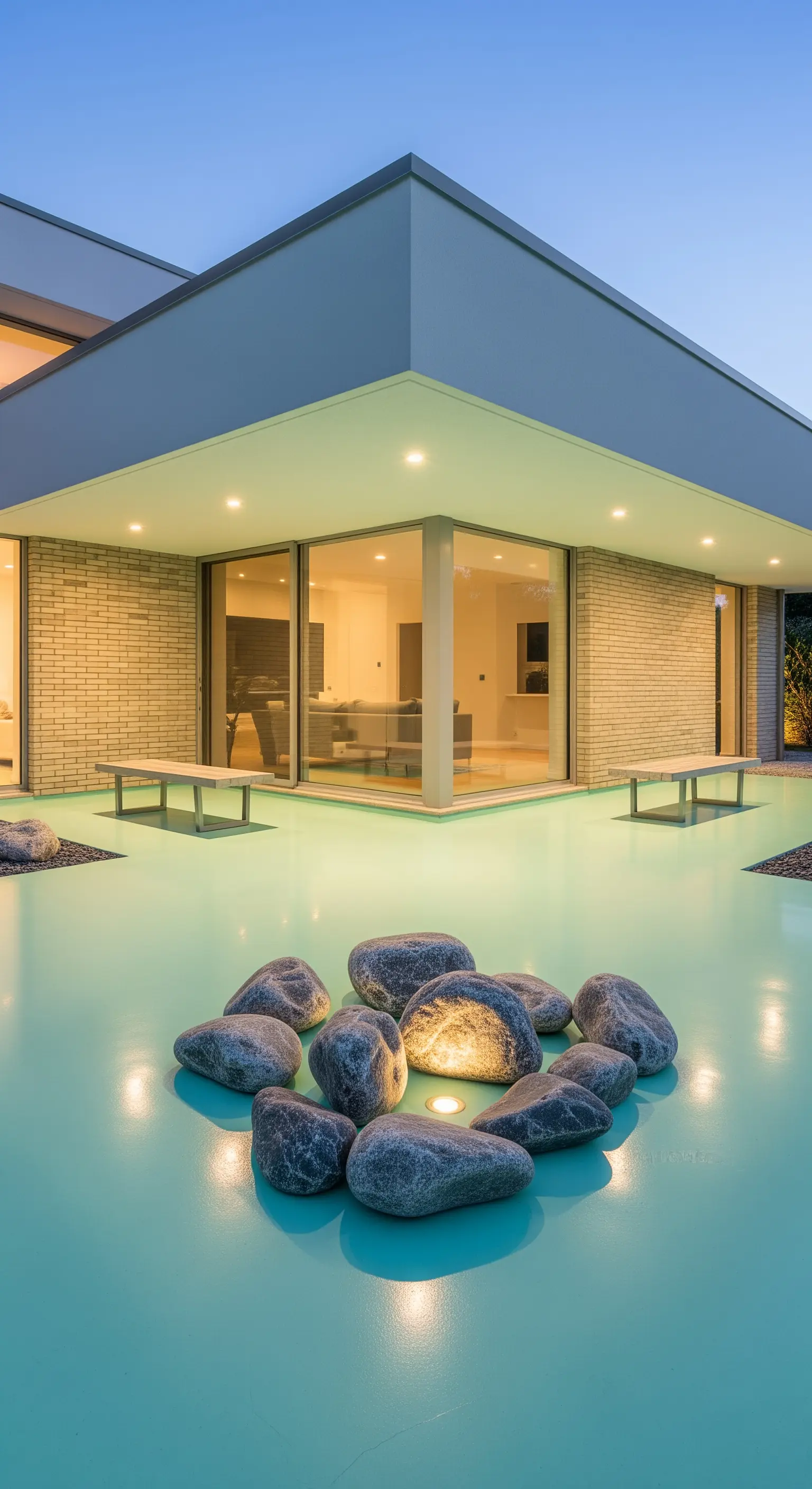 Cortile minimalista con pavimento in resina verde acqua e installazione di pietre illuminate.
