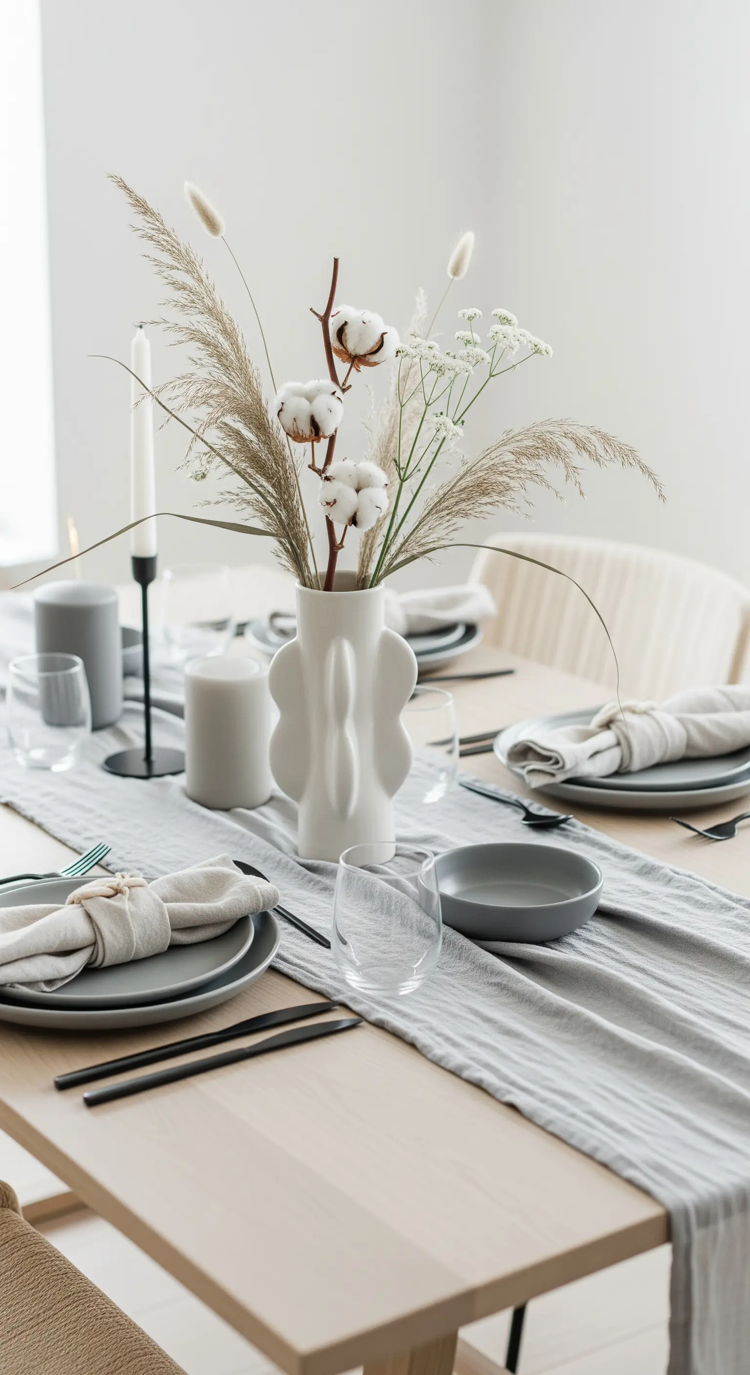 Tavola minimalista con runner grigio, fiori di cotone e erba della pampa in un vaso scultoreo.