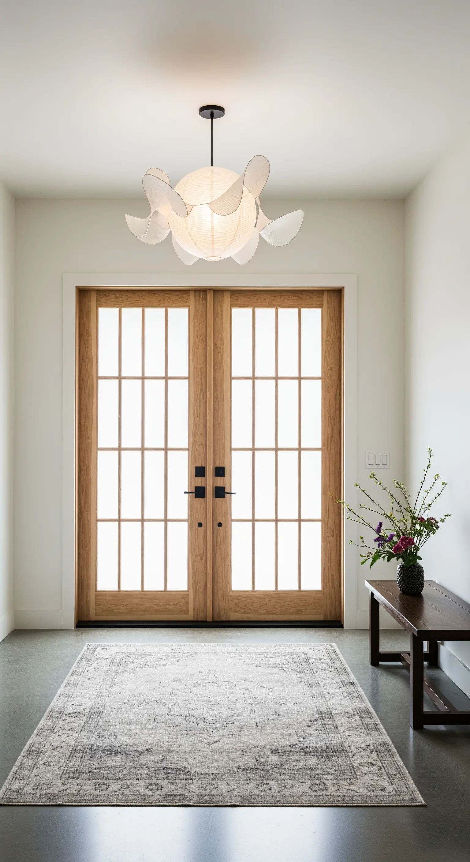 Ingresso minimalista con porte in legno chiaro, lampada di carta e pavimento in cemento.