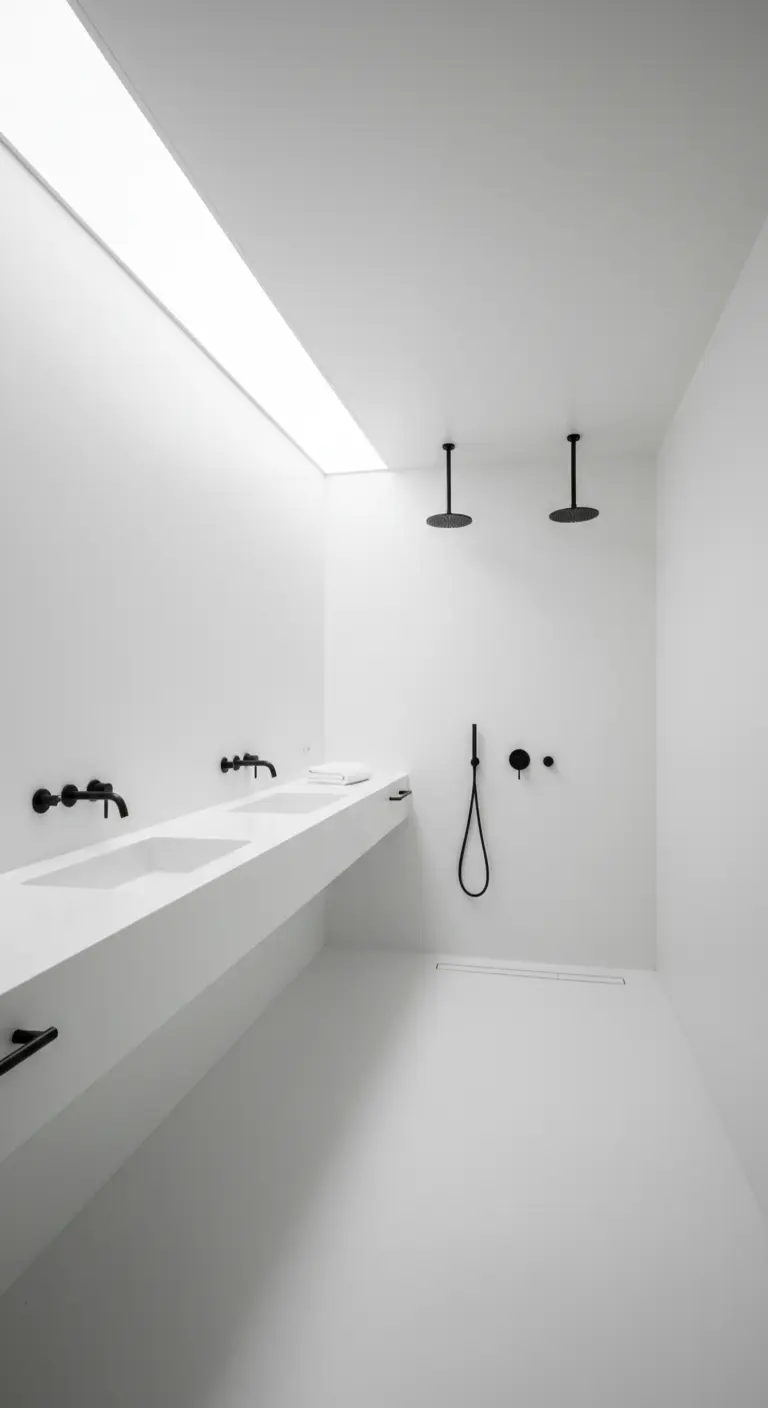 Bagno ultra minimalista completamente bianco con doppio lavabo integrato e rubinetteria nera a parete.