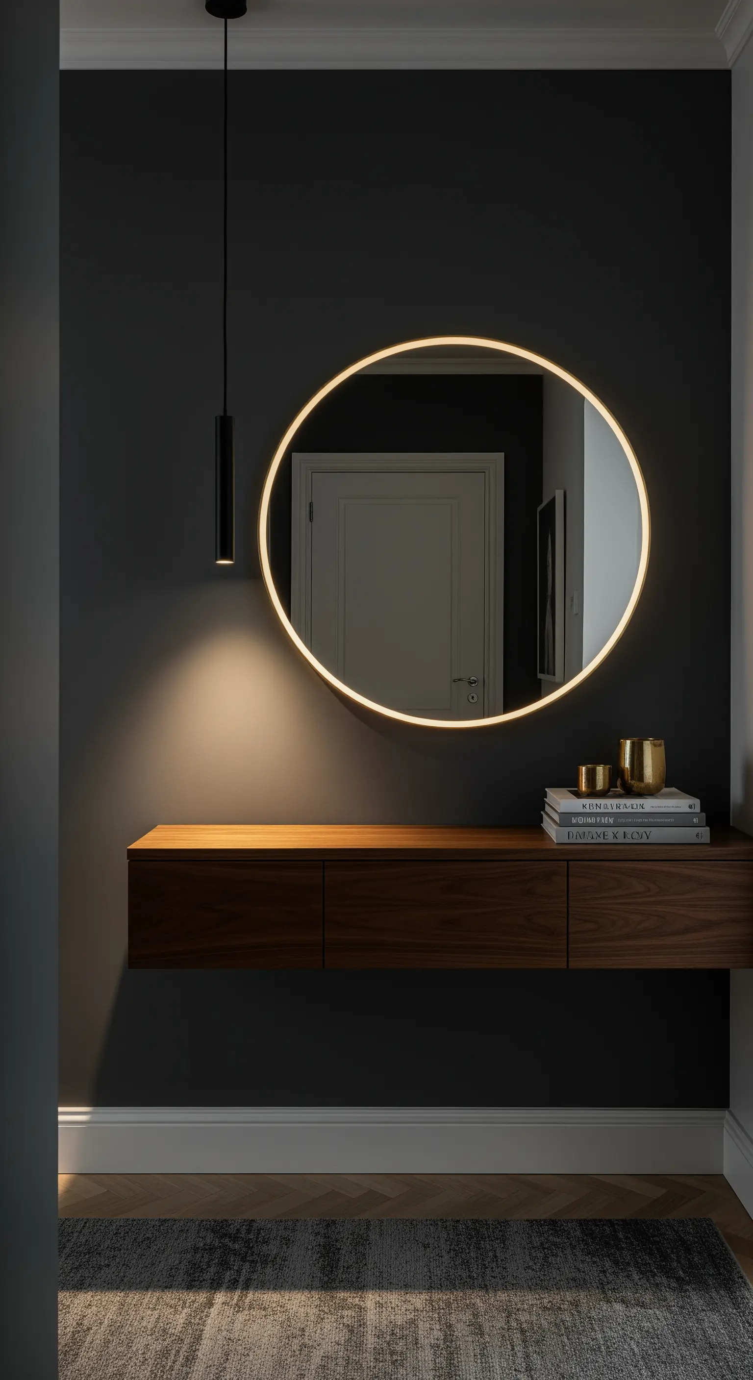 Consolle sospesa in legno, specchio retroilluminato e luce a pendente su parete grigio scuro.