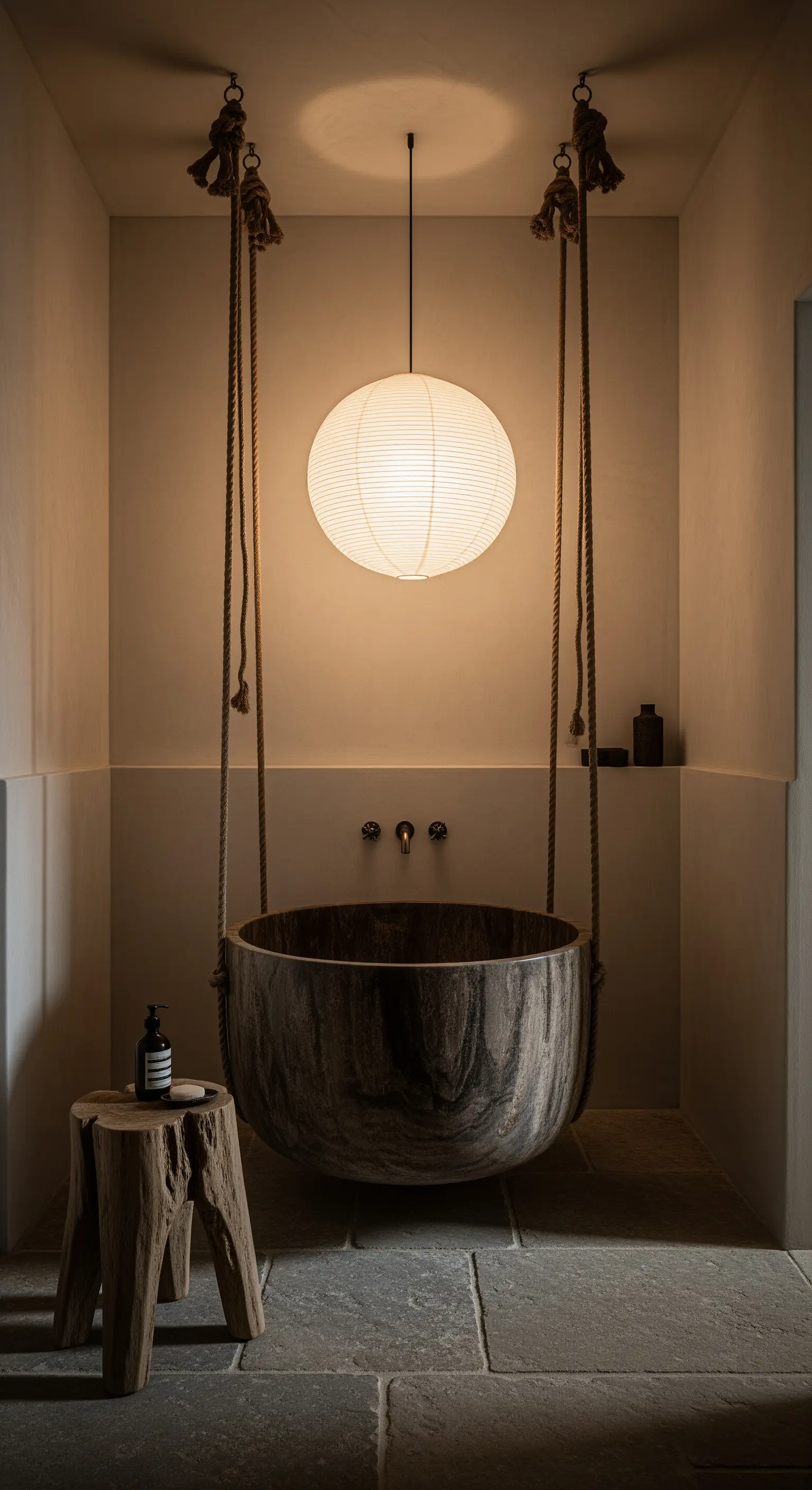 Vasca sospesa in legno scuro in un ambiente minimalista wabi-sabi con lanterna di carta.